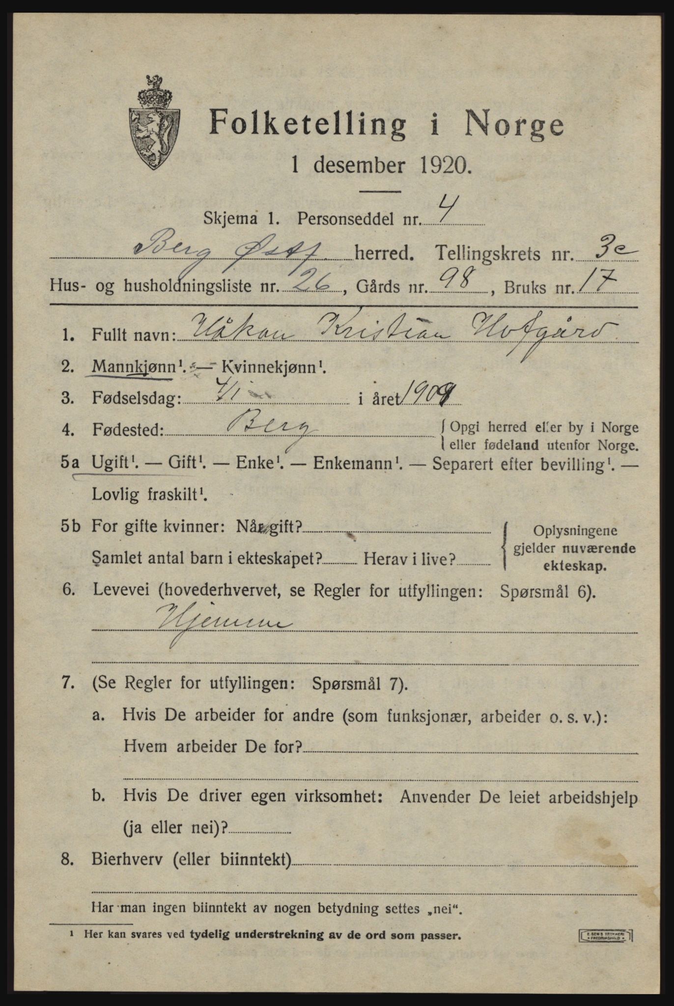 SAO, 1920 census for Berg, 1920, p. 7425