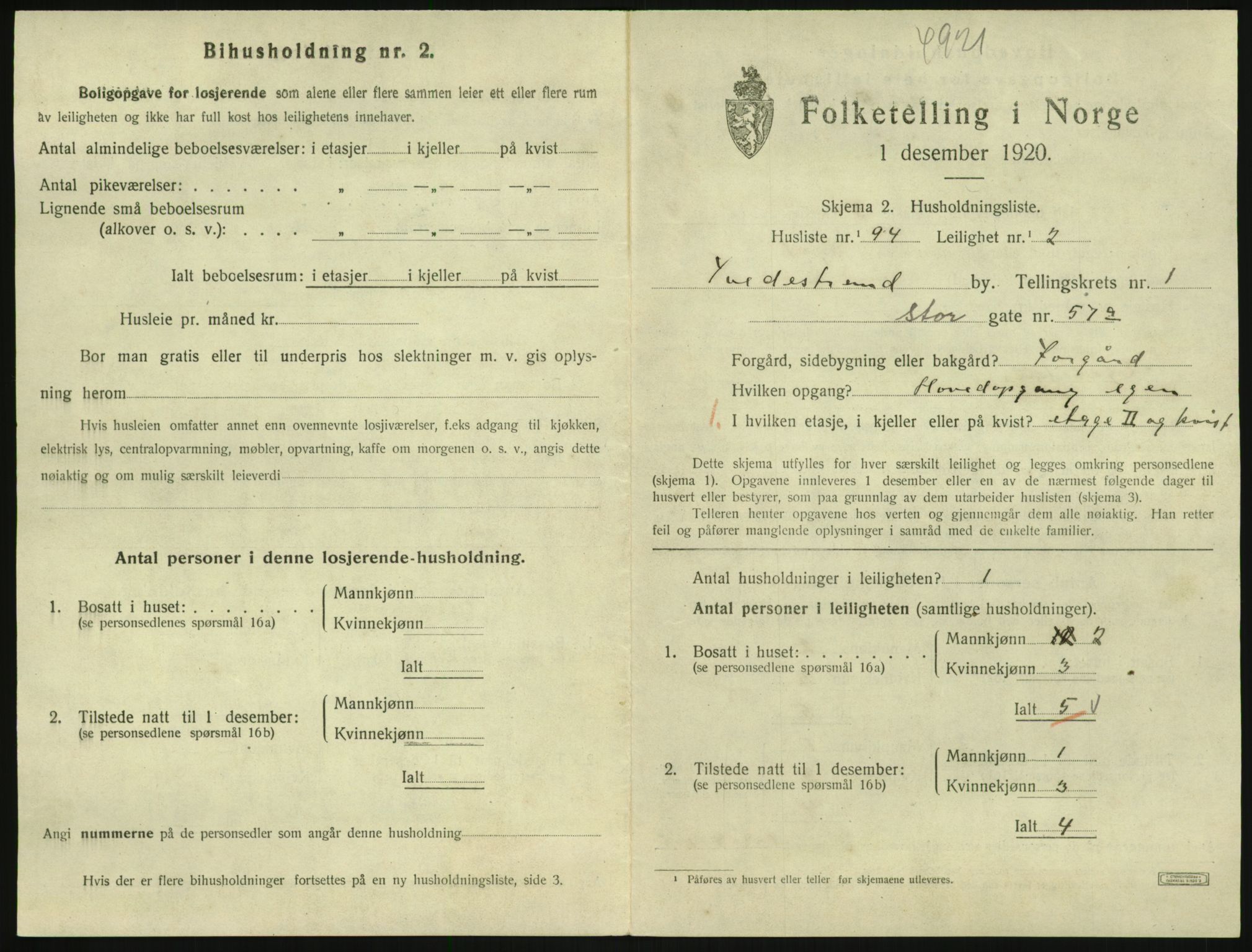 SAK, 1920 census for Tvedestrand, 1920, p. 877