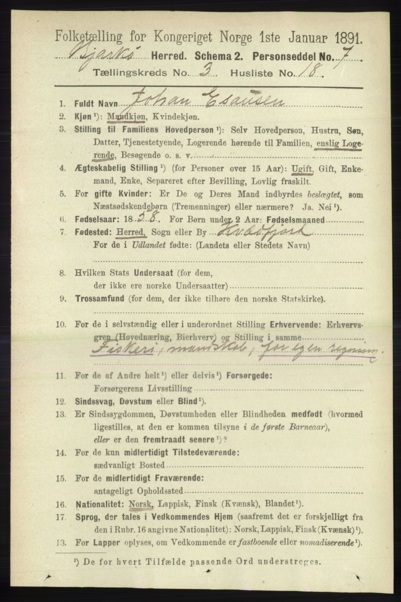 RA, 1891 census for 1915 Bjarkøy, 1891, p. 1649