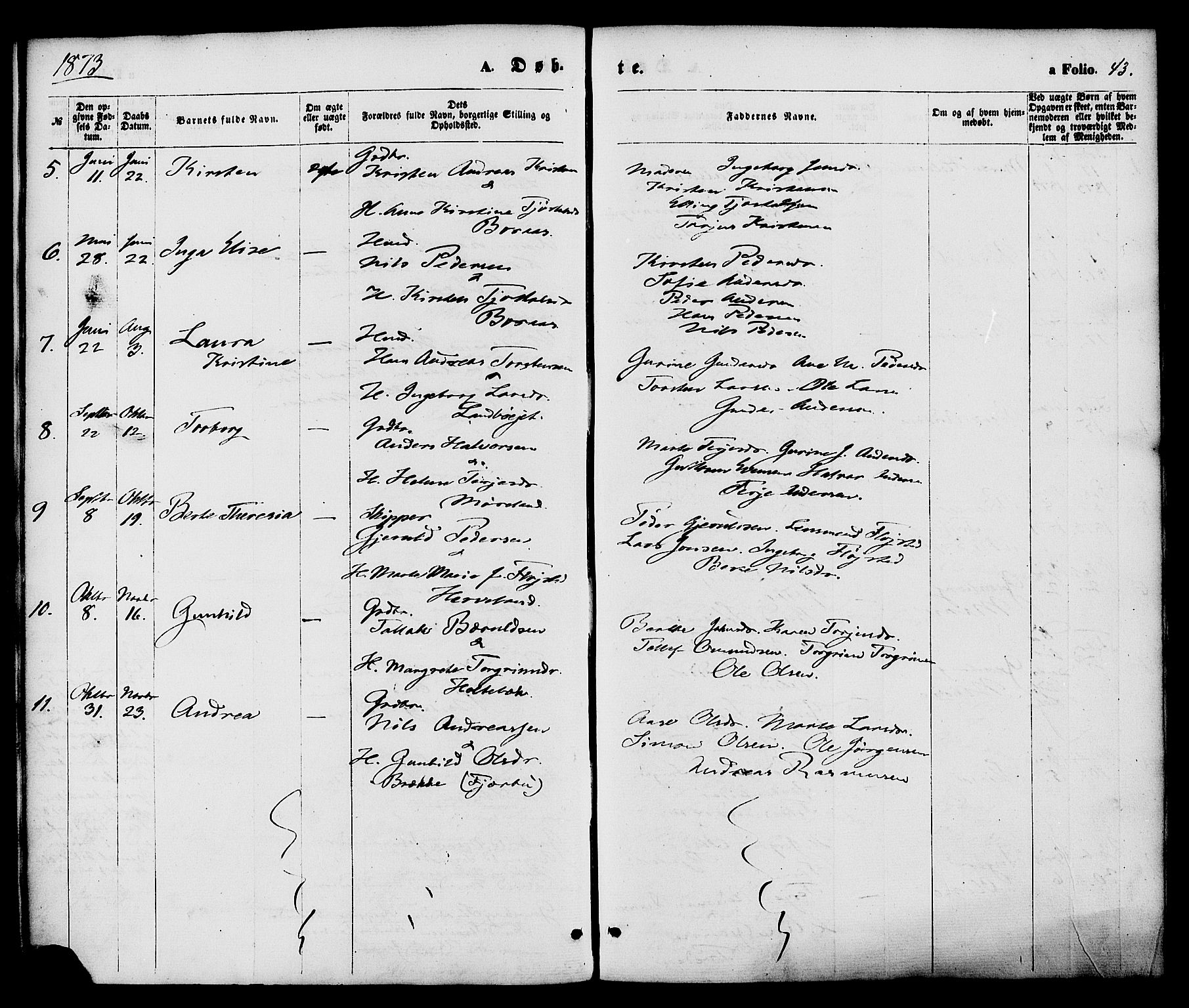 Austre Moland sokneprestkontor, SAK/1111-0001/F/Fa/Faa/L0009: Parish register (official) no. A 9, 1869-1879, p. 43