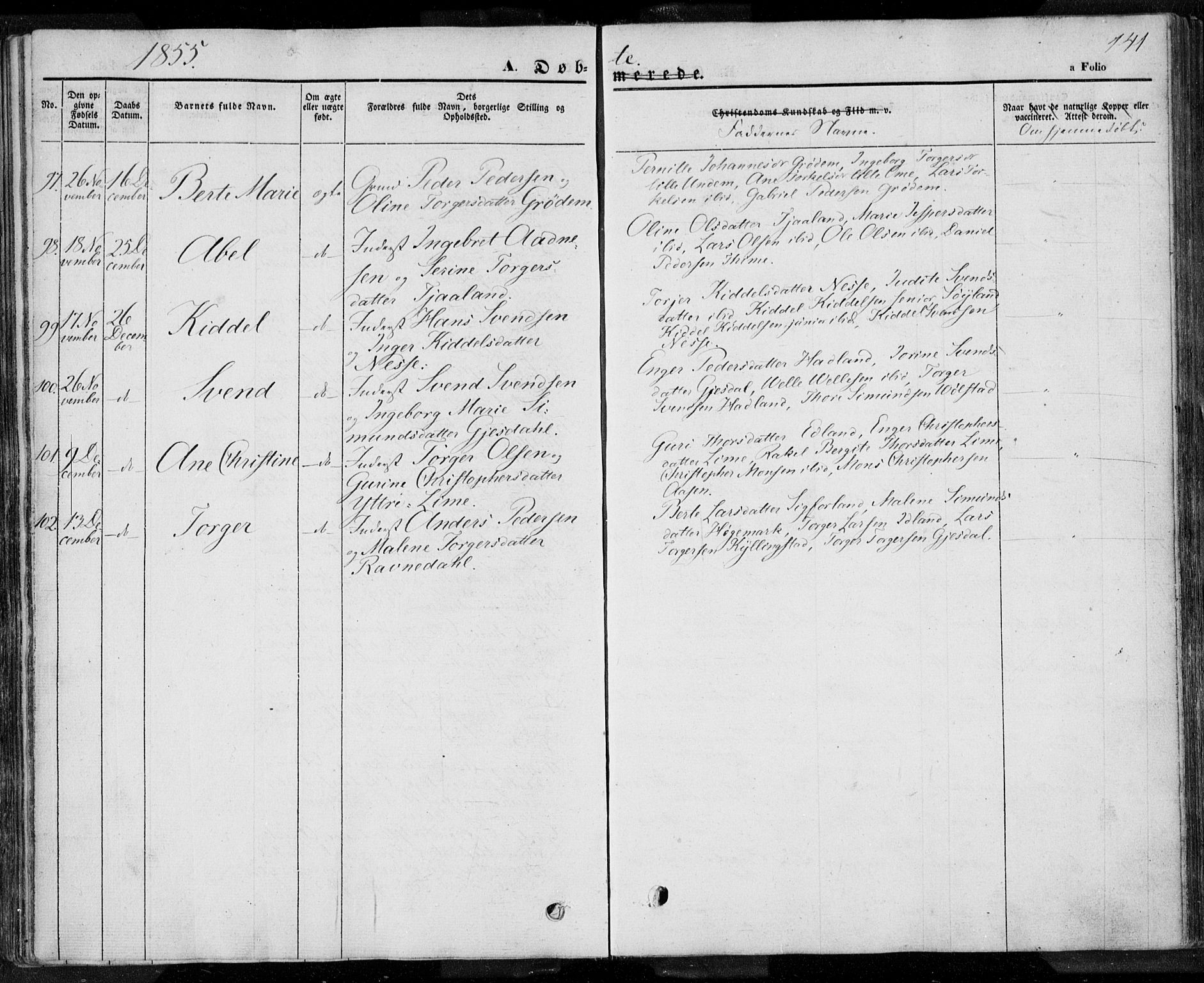 Lye sokneprestkontor, AV/SAST-A-101794/001/30BA/L0005: Parish register (official) no. A 5.1, 1842-1855, p. 141