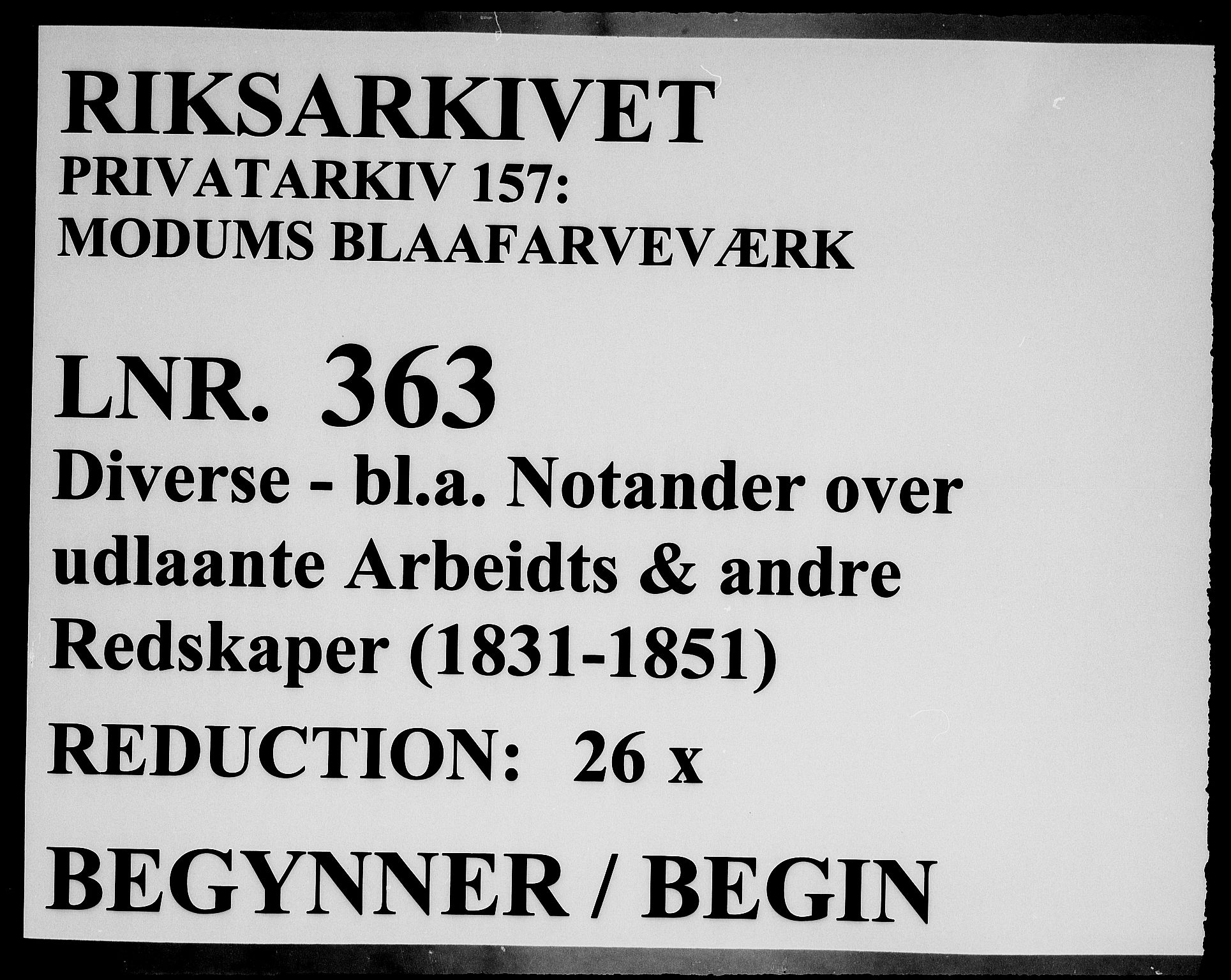 Modums Blaafarveværk, RA/PA-0157/G/Ge/L0363/0004: -- / Noticebog over Fengrør-Leverance, 1831-1851, p. 1