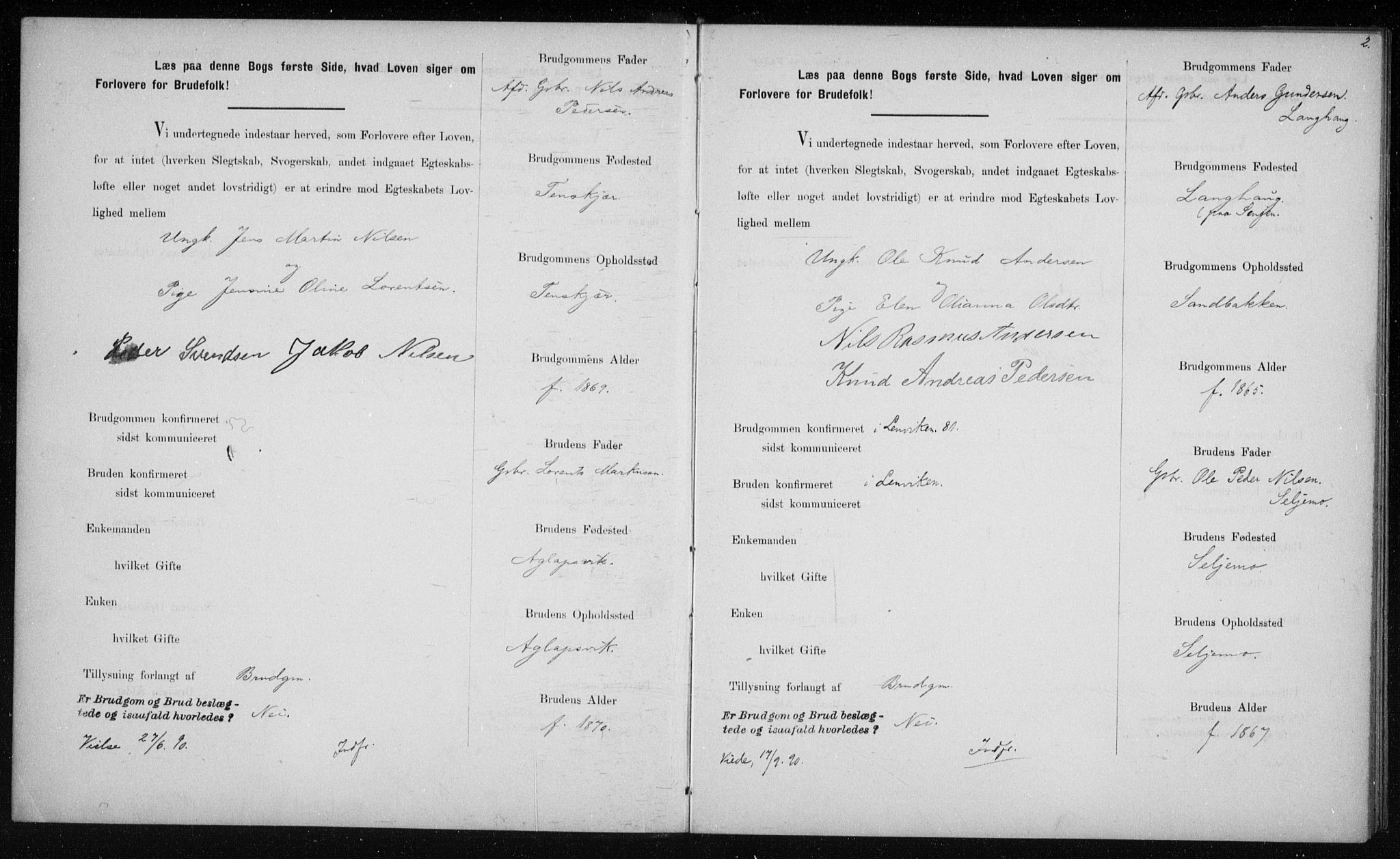 Lenvik sokneprestembete, SATØ/S-1310/I/Ie/L0129: Banns register no. 129, 1890-1895, p. 2