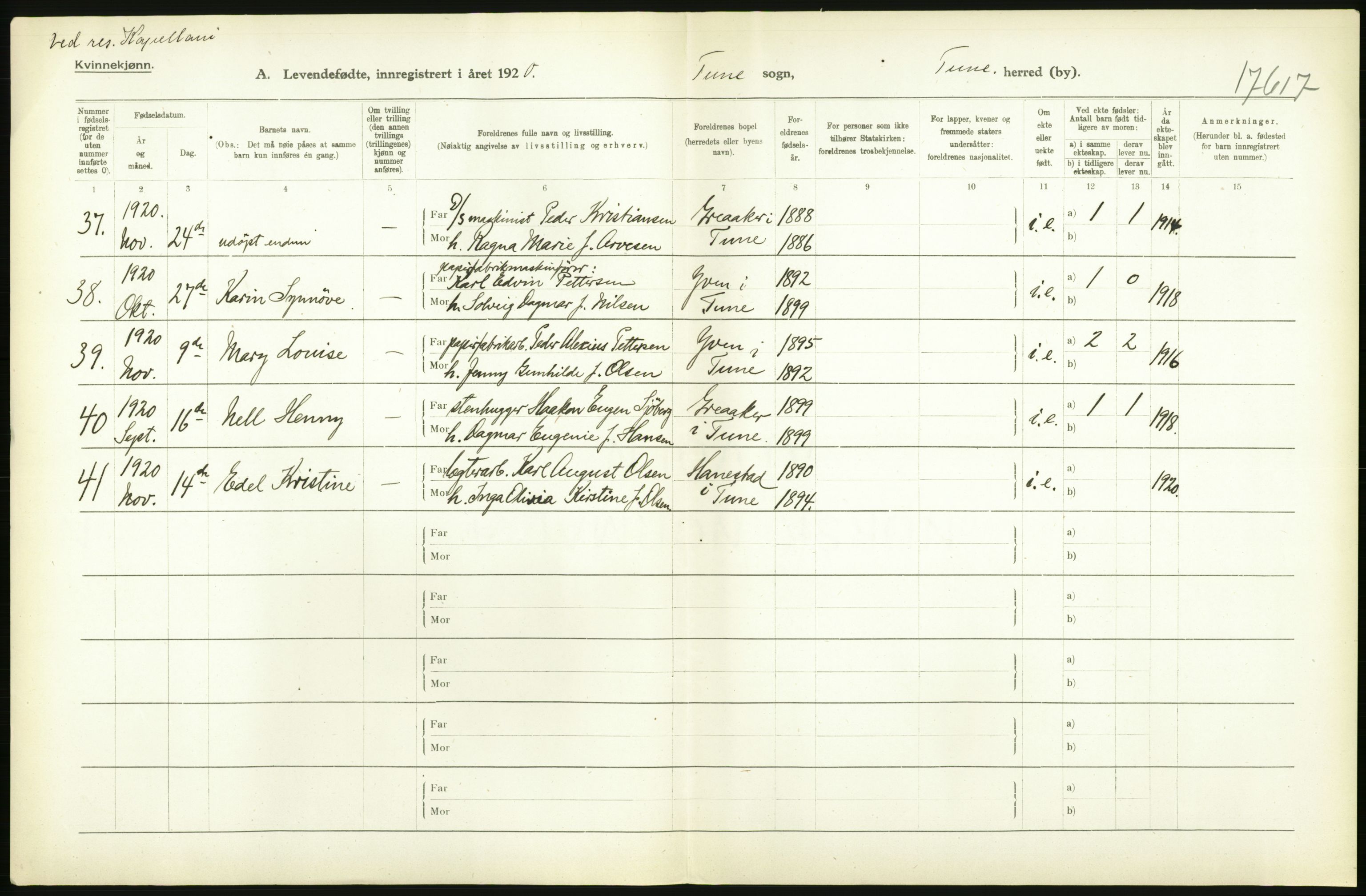 Statistisk sentralbyrå, Sosiodemografiske emner, Befolkning, RA/S-2228/D/Df/Dfb/Dfbj/L0001: Østfold fylke: Levendefødte menn og kvinner. Bygder., 1920, p. 508