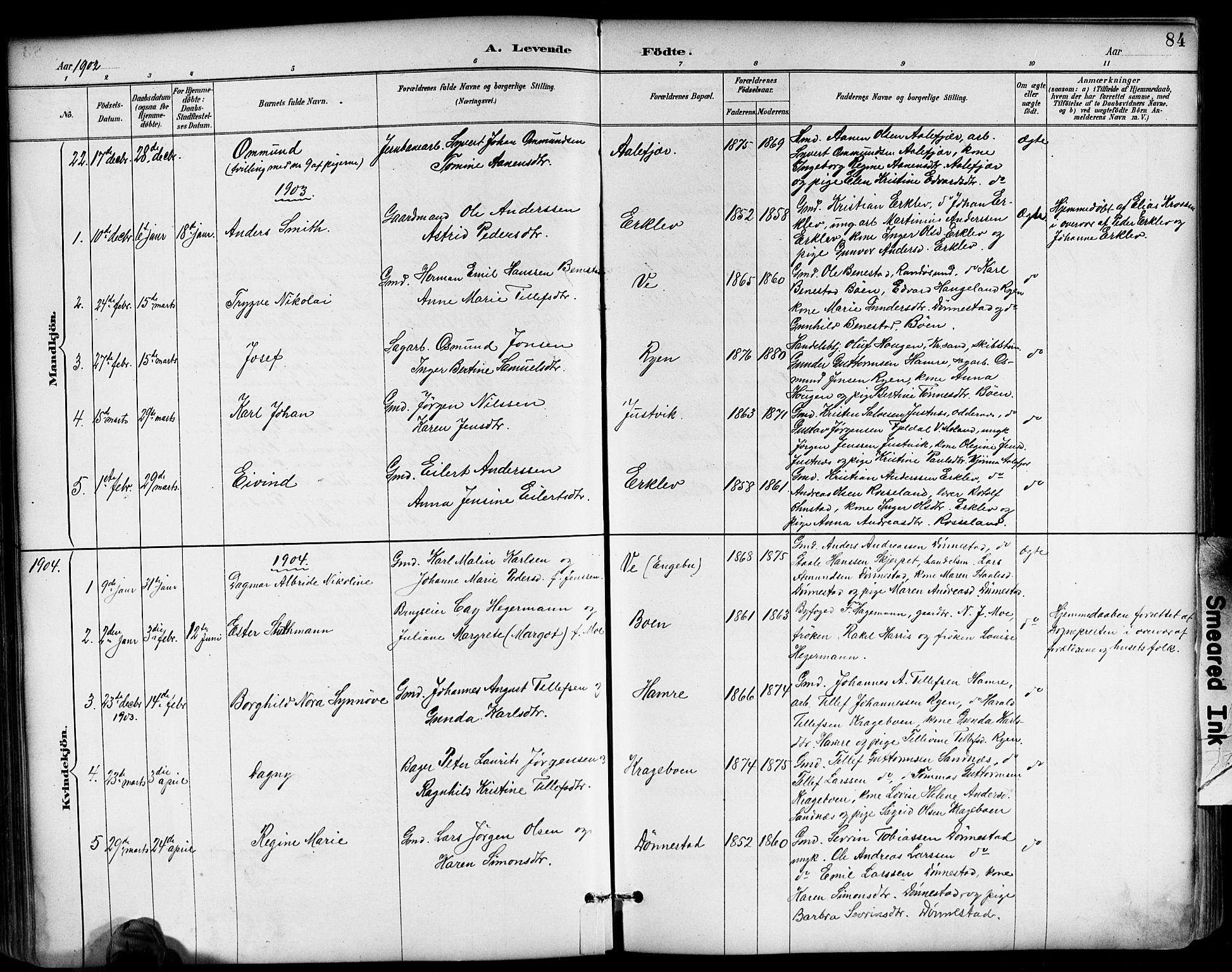 Tveit sokneprestkontor, AV/SAK-1111-0043/F/Fb/L0004: Parish register (copy) no. B 4, 1887-1914, p. 84