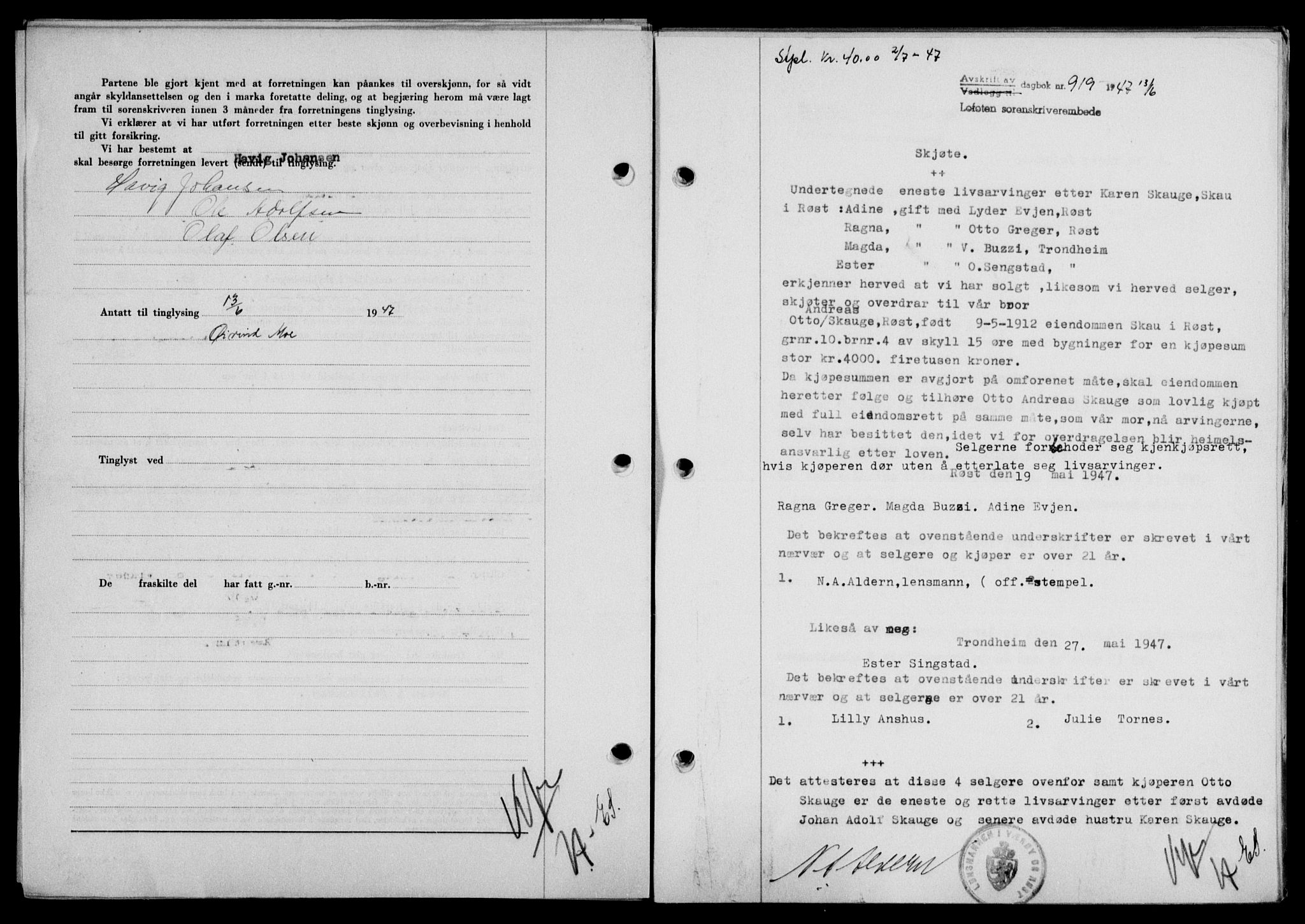 Lofoten sorenskriveri, SAT/A-0017/1/2/2C/L0016a: Mortgage book no. 16a, 1947-1947, Diary no: : 919/1947