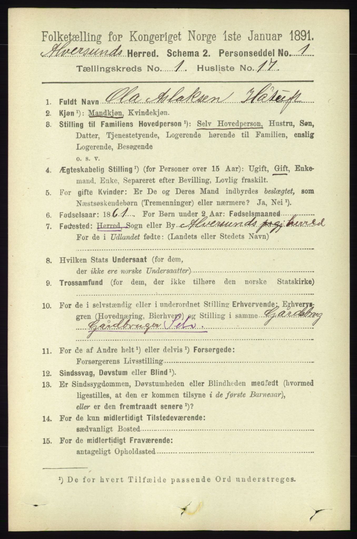 RA, 1891 census for 1257 Alversund, 1891, p. 173