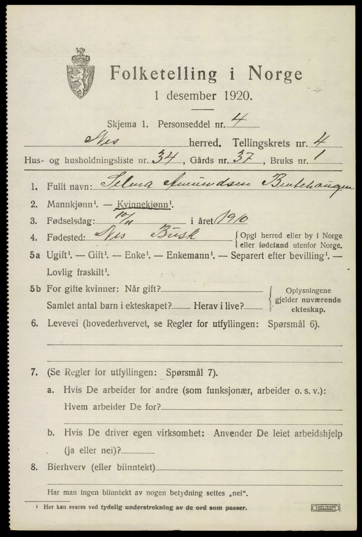 SAKO, 1920 census for Nes (Buskerud), 1920, p. 2398