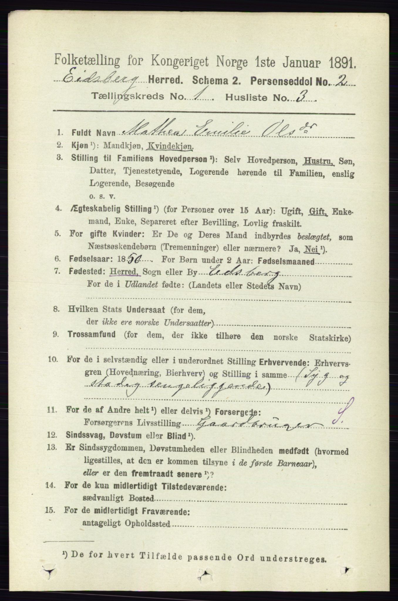 RA, 1891 census for 0125 Eidsberg, 1891, p. 153