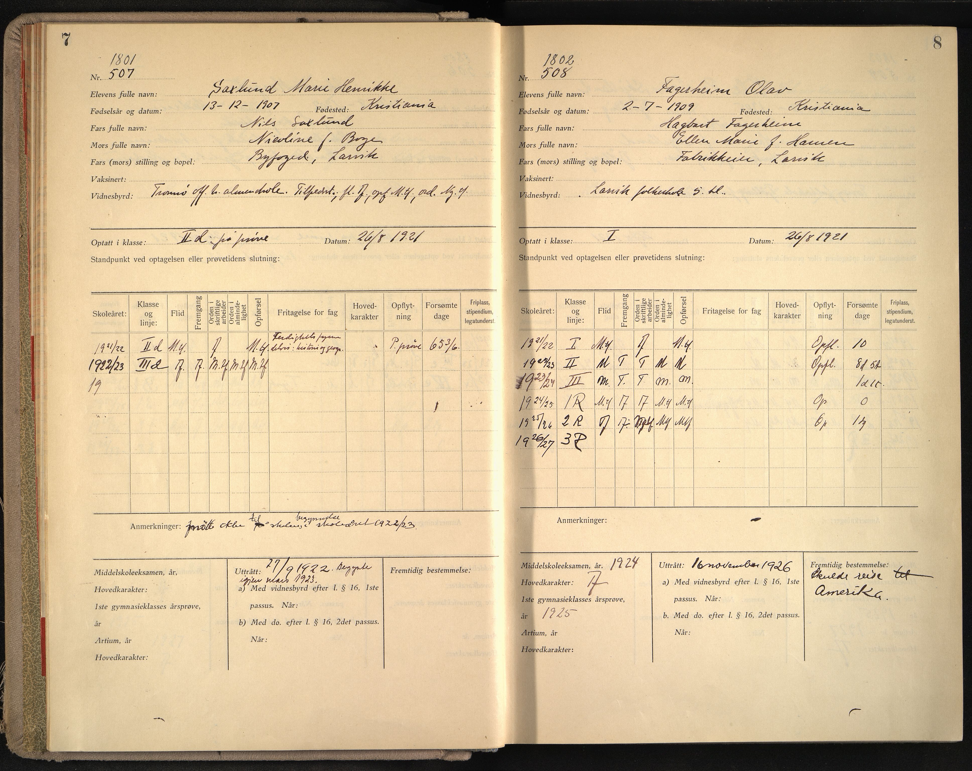 Vestfold fylkeskommune. Thor Heyerdahl videregående skole før 2004, VEMU/A-1120/G/L0010: Manntallsprotokoll med karakterer i orden og oppførsel, 1921-1927, p. 7-8