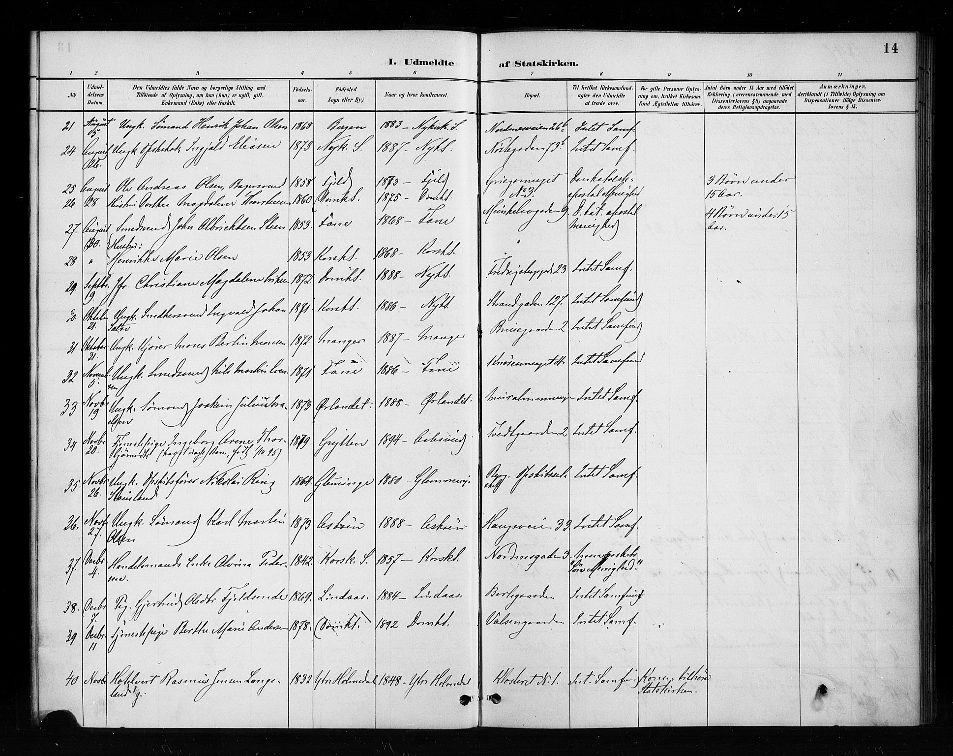 Nykirken Sokneprestembete, AV/SAB-A-77101/H/Haa/L0053: Parish register (official) no. H 2, 1887-1897, p. 14