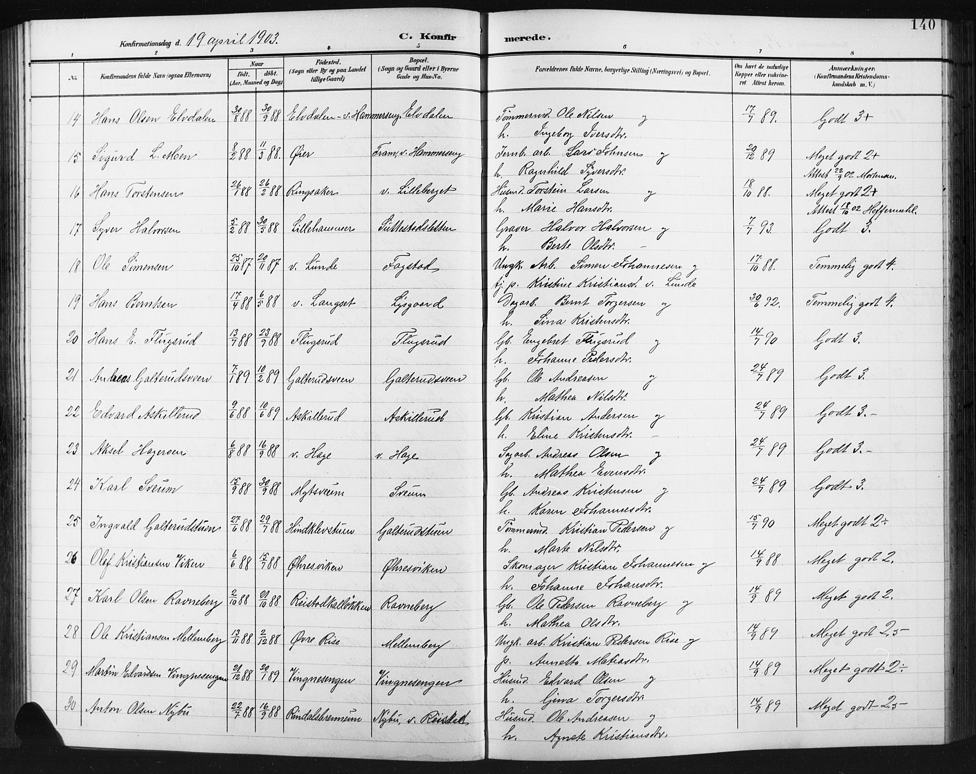 Fåberg prestekontor, SAH/PREST-086/H/Ha/Hab/L0012: Parish register (copy) no. 12, 1903-1924, p. 140