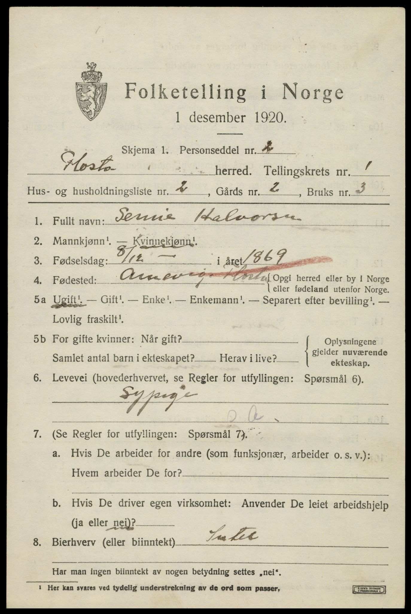 SAK, 1920 census for Flosta, 1920, p. 860