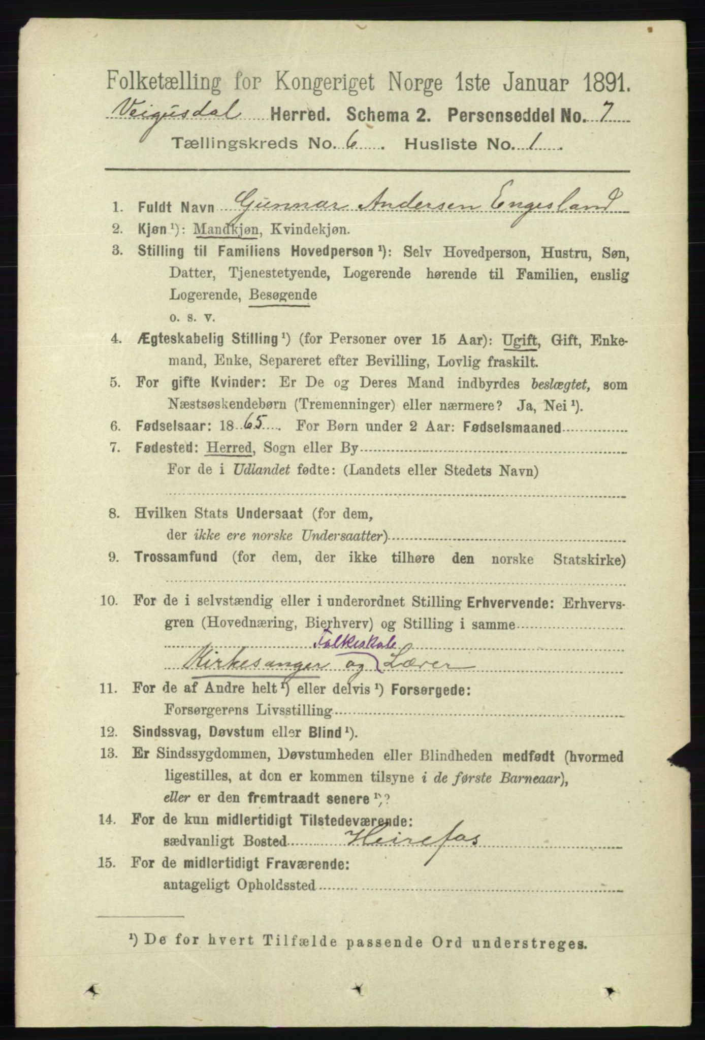 RA, 1891 census for 0934 Vegusdal, 1891, p. 1085