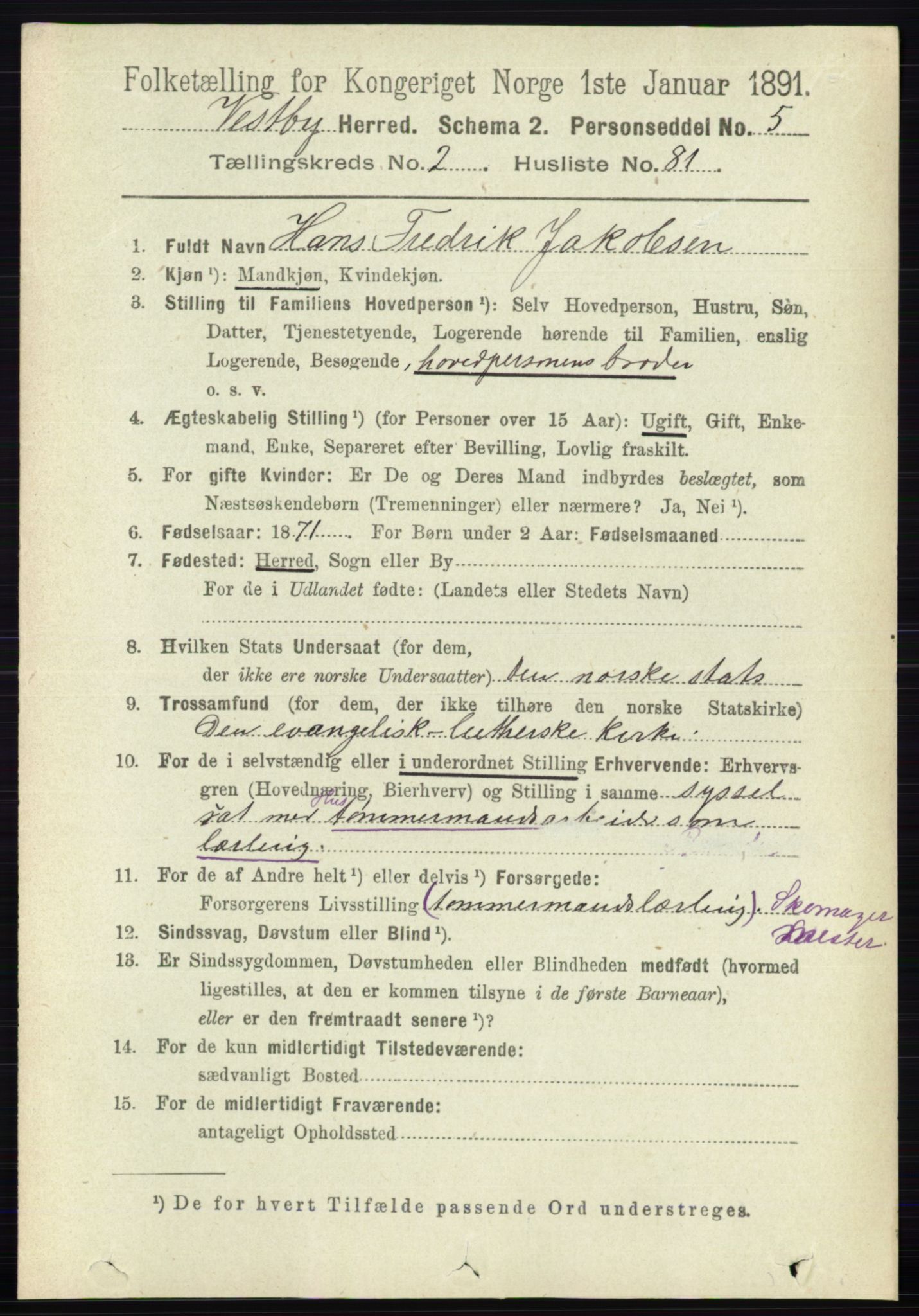 RA, 1891 census for 0211 Vestby, 1891, p. 949