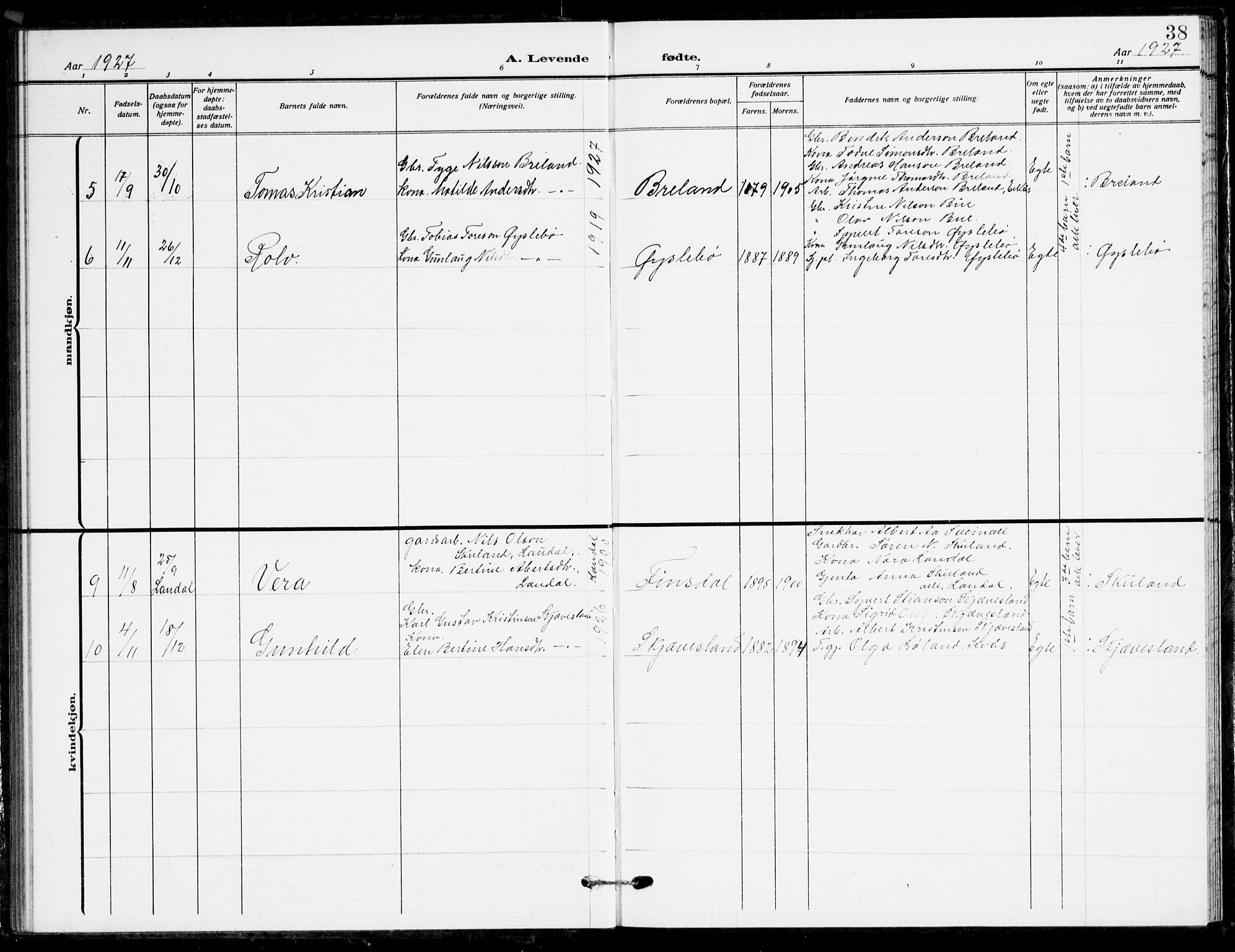 Holum sokneprestkontor, SAK/1111-0022/F/Fb/Fbc/L0004: Parish register (copy) no. B 4, 1908-1930, p. 38