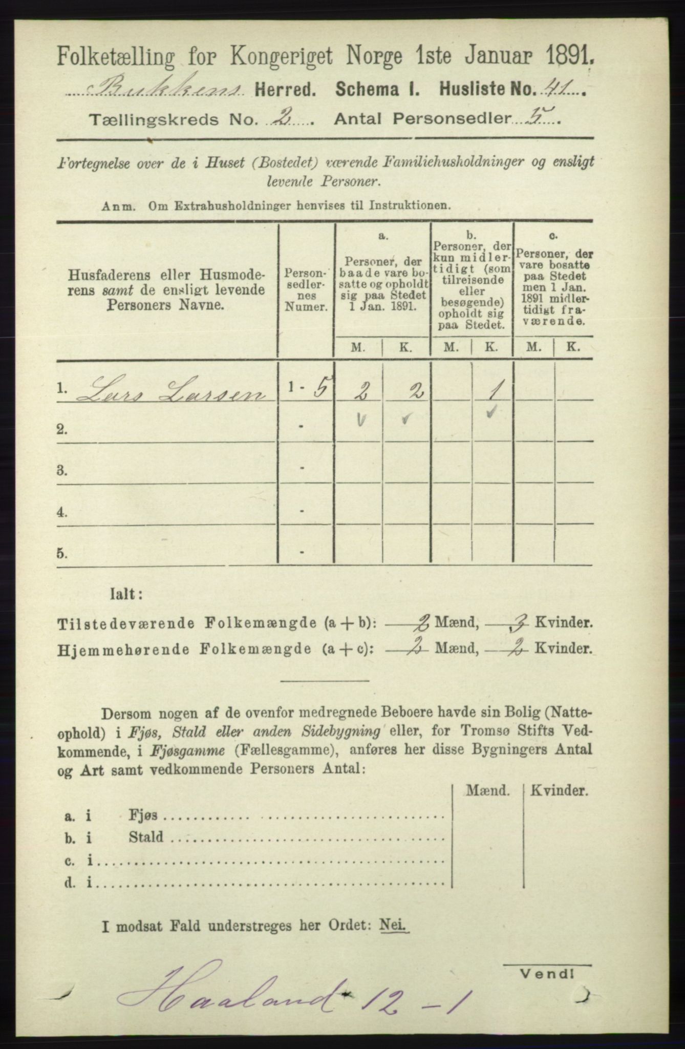 RA, 1891 census for 1145 Bokn, 1891, p. 337