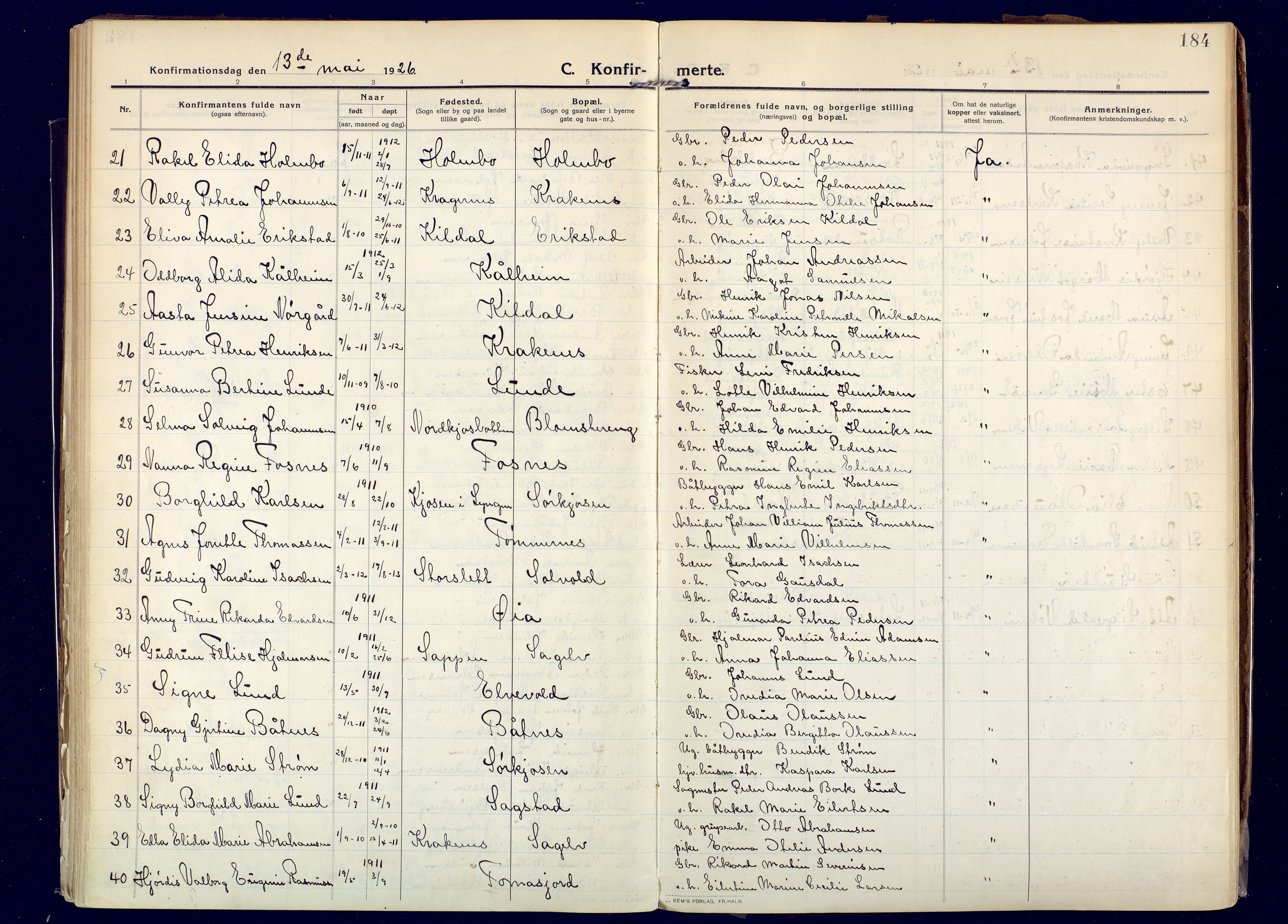 Skjervøy sokneprestkontor, AV/SATØ-S-1300/H/Ha/Haa: Parish register (official) no. 20, 1911-1931, p. 184