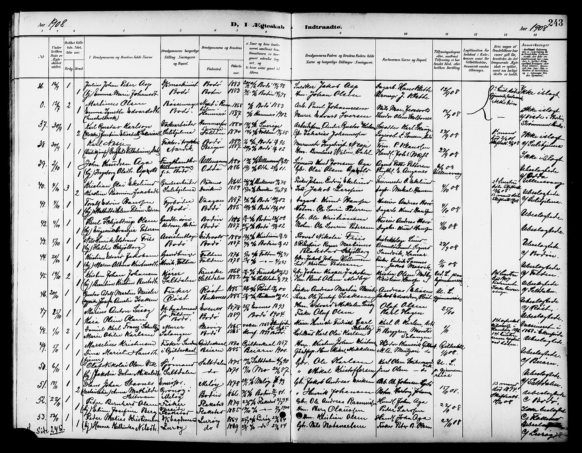 Ministerialprotokoller, klokkerbøker og fødselsregistre - Nordland, SAT/A-1459/801/L0033: Parish register (copy) no. 801C08, 1898-1910, p. 243