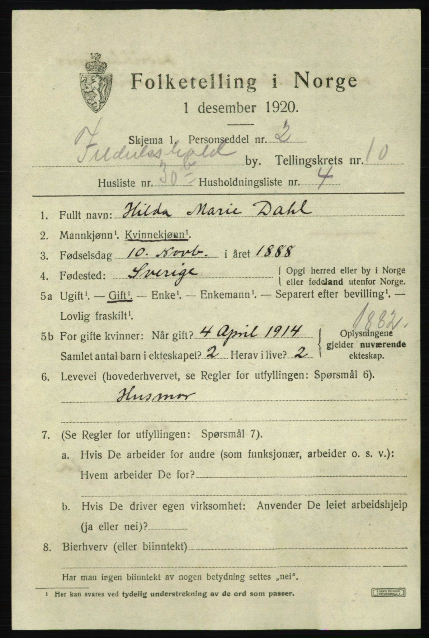 SAO, 1920 census for Fredrikshald, 1920, p. 18405