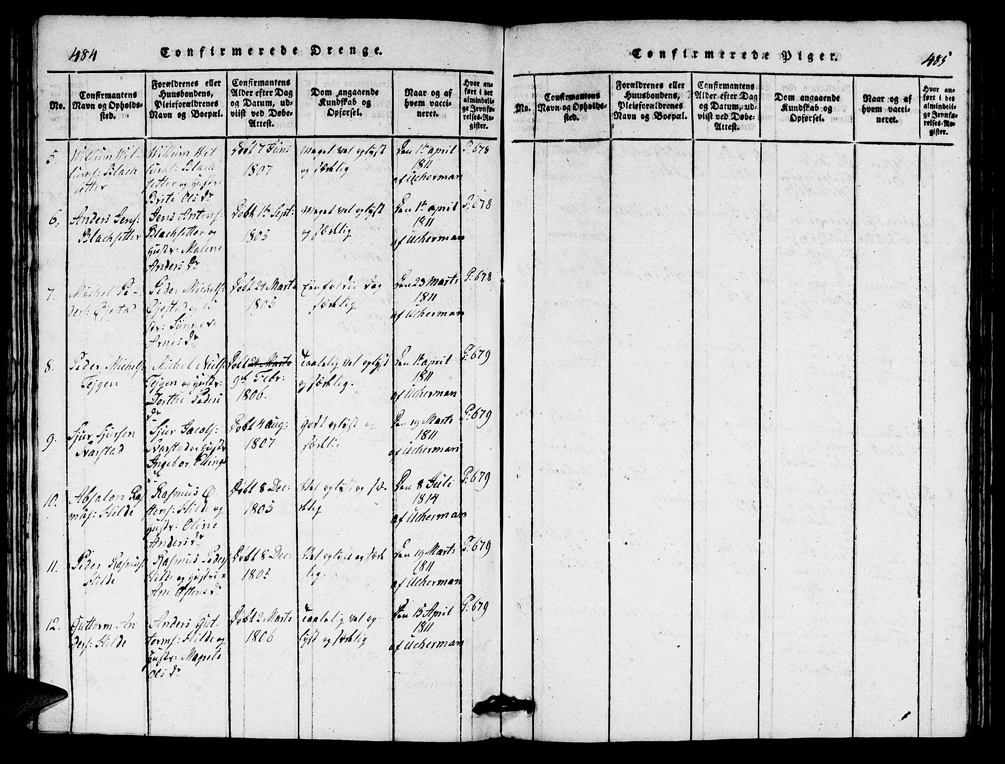 Innvik sokneprestembete, AV/SAB-A-80501: Parish register (copy) no. A 1, 1816-1820, p. 484-485