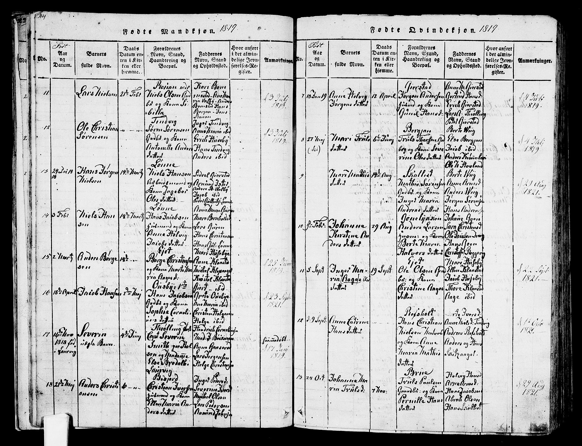 Tjølling kirkebøker, SAKO/A-60/F/Fa/L0005: Parish register (official) no. 5, 1814-1836, p. 44-45