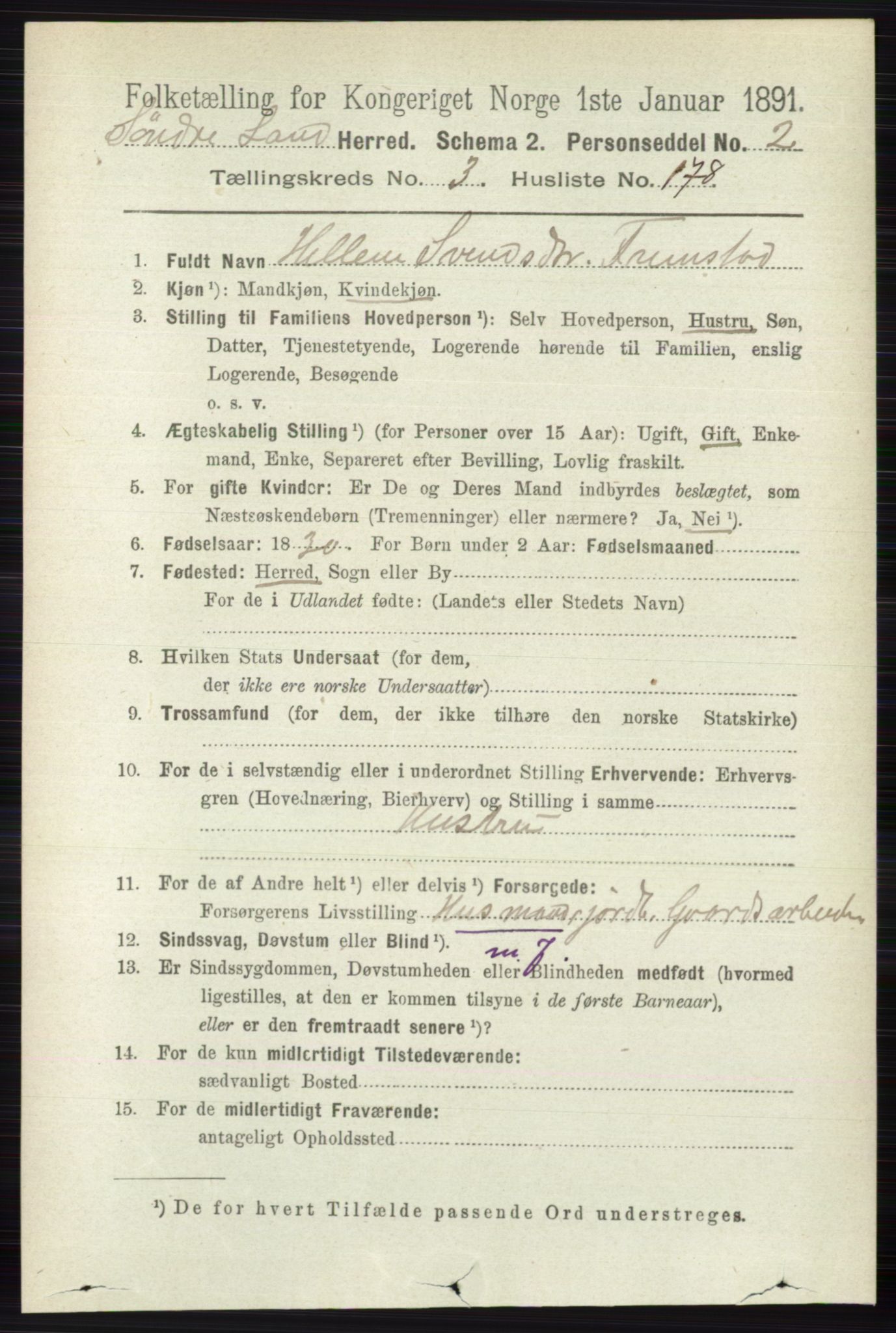 RA, 1891 census for 0536 Søndre Land, 1891, p. 3581