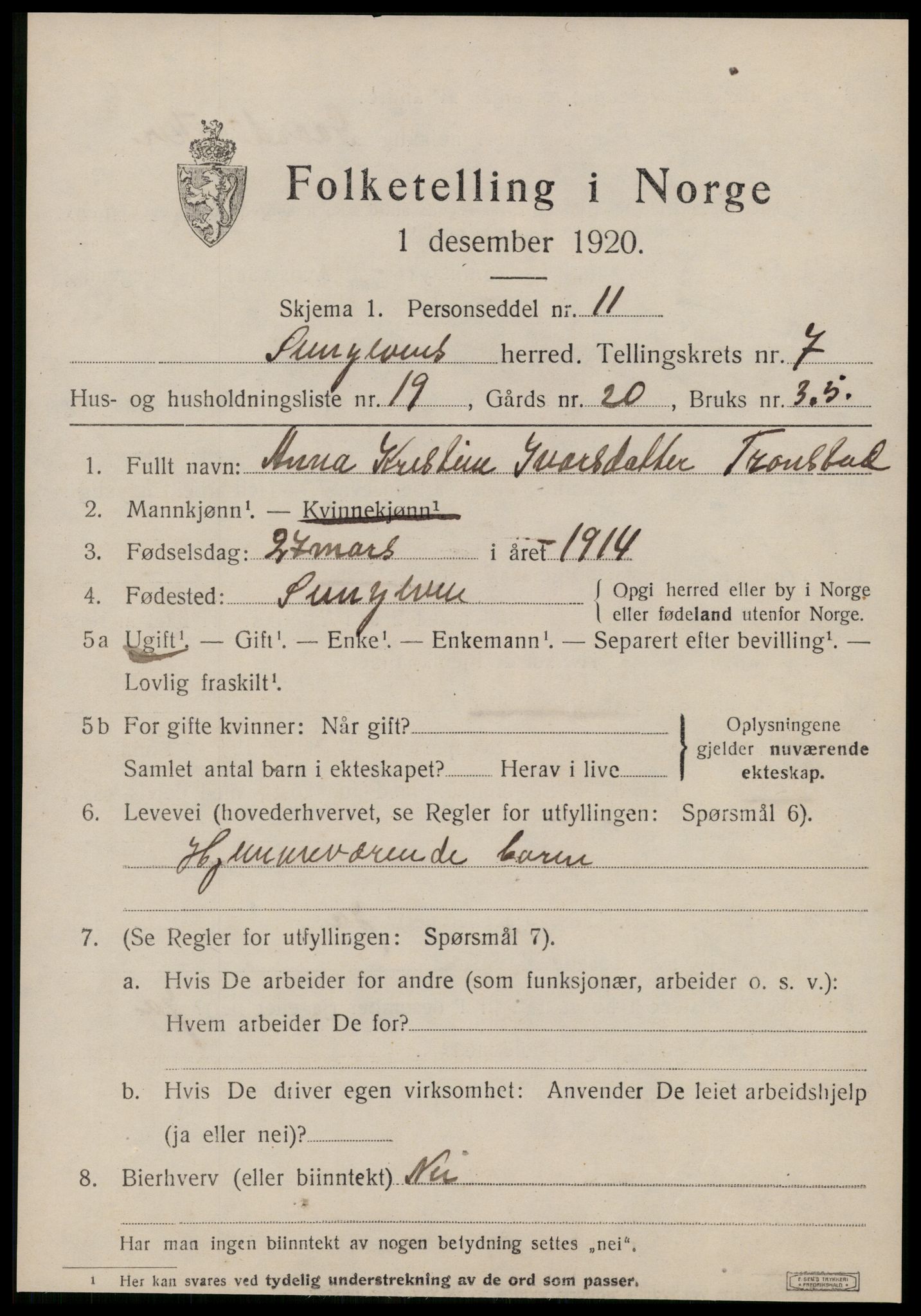 SAT, 1920 census for Sunnylven, 1920, p. 2766