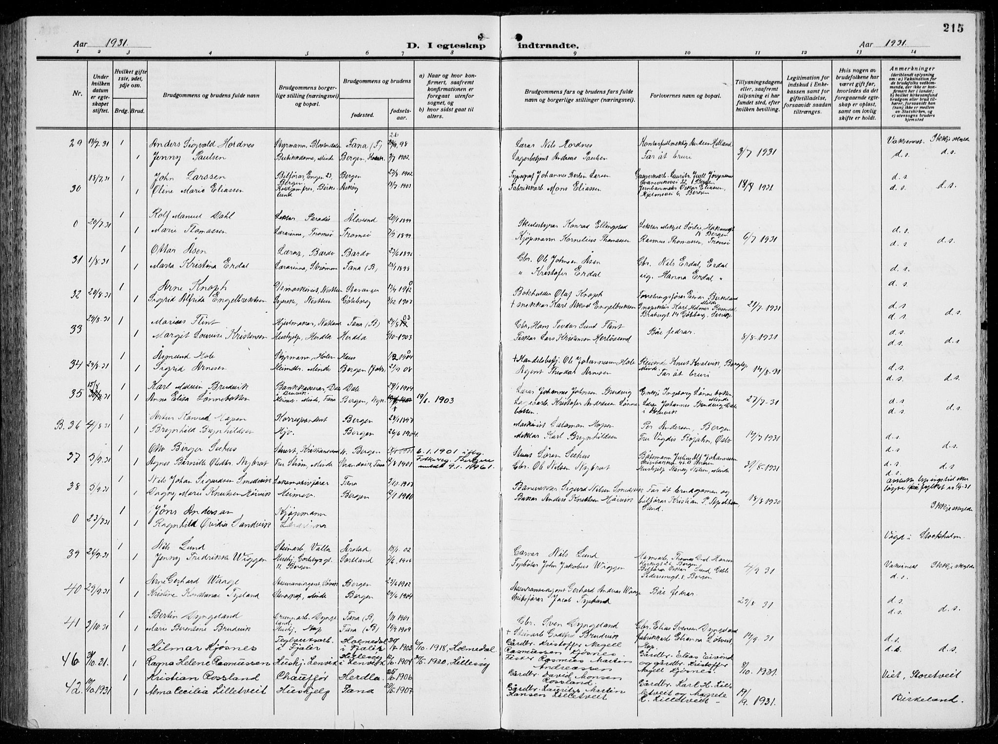 Birkeland Sokneprestembete, AV/SAB-A-74601/H/Hab: Parish register (copy) no. A  8, 1923-1933, p. 215