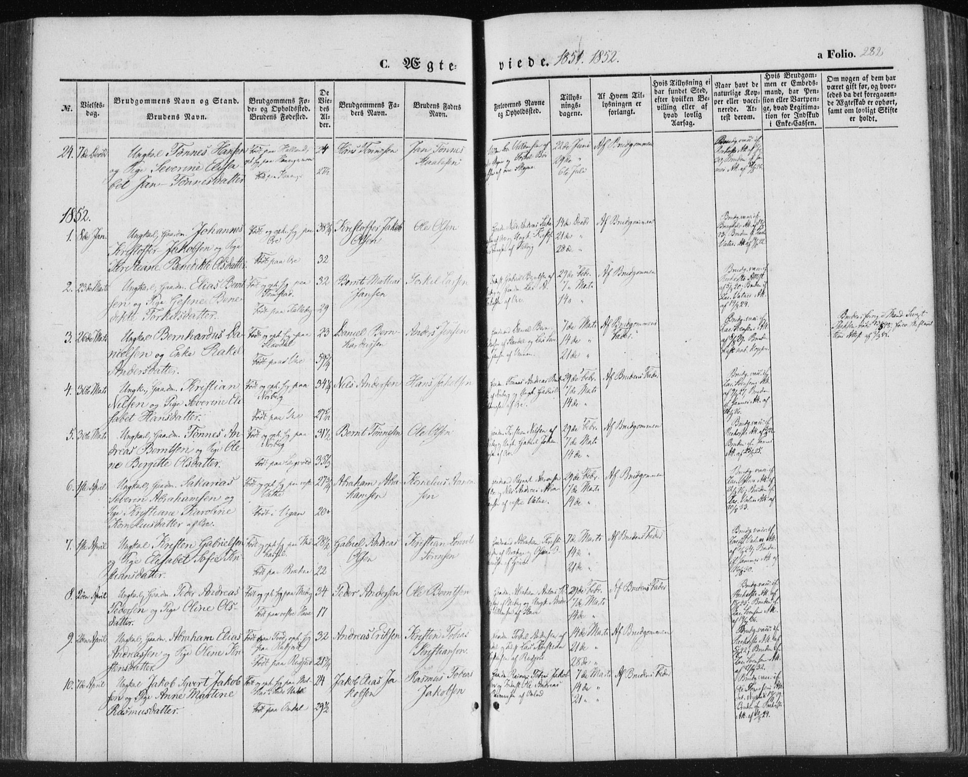 Lista sokneprestkontor, AV/SAK-1111-0027/F/Fa/L0010: Parish register (official) no. A 10, 1846-1861, p. 282