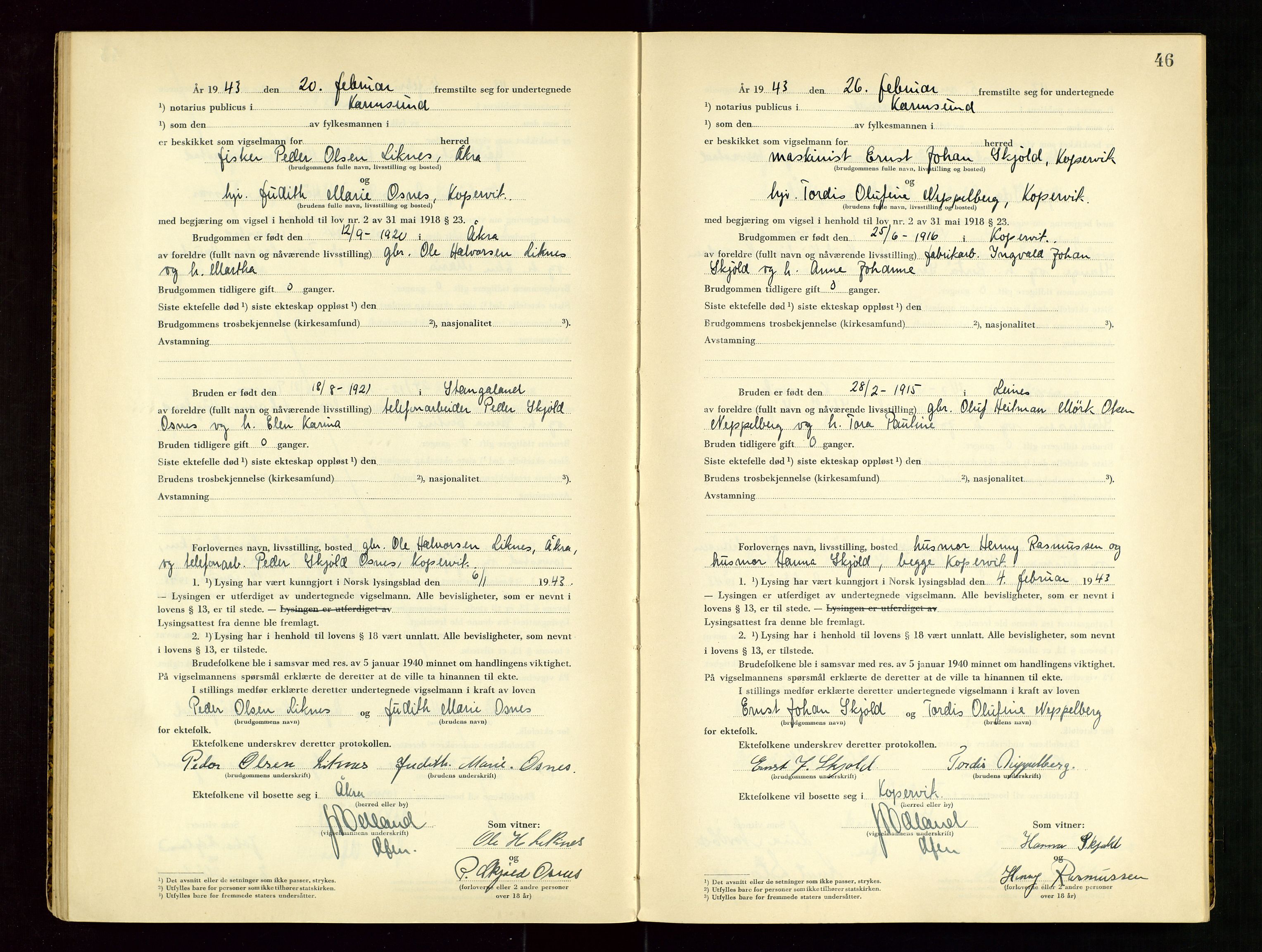 Karmsund sorenskriveri, AV/SAST-A-100311/01/III/IIICBA/L0002: VIGSELSBOK, 1942-1943, p. 46