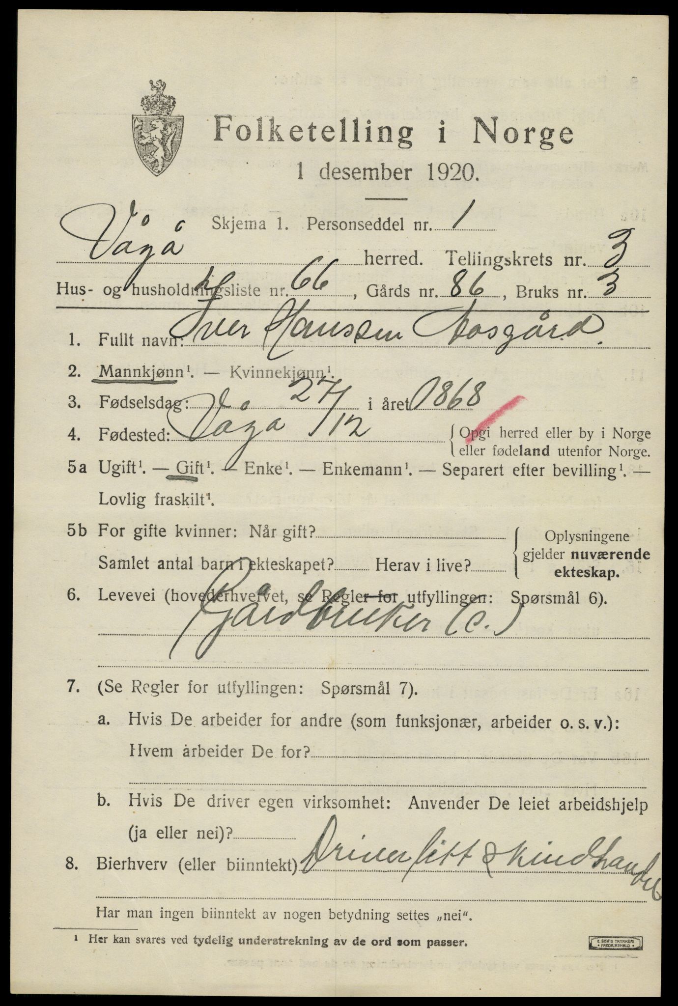 SAH, 1920 census for Vågå, 1920, p. 3378