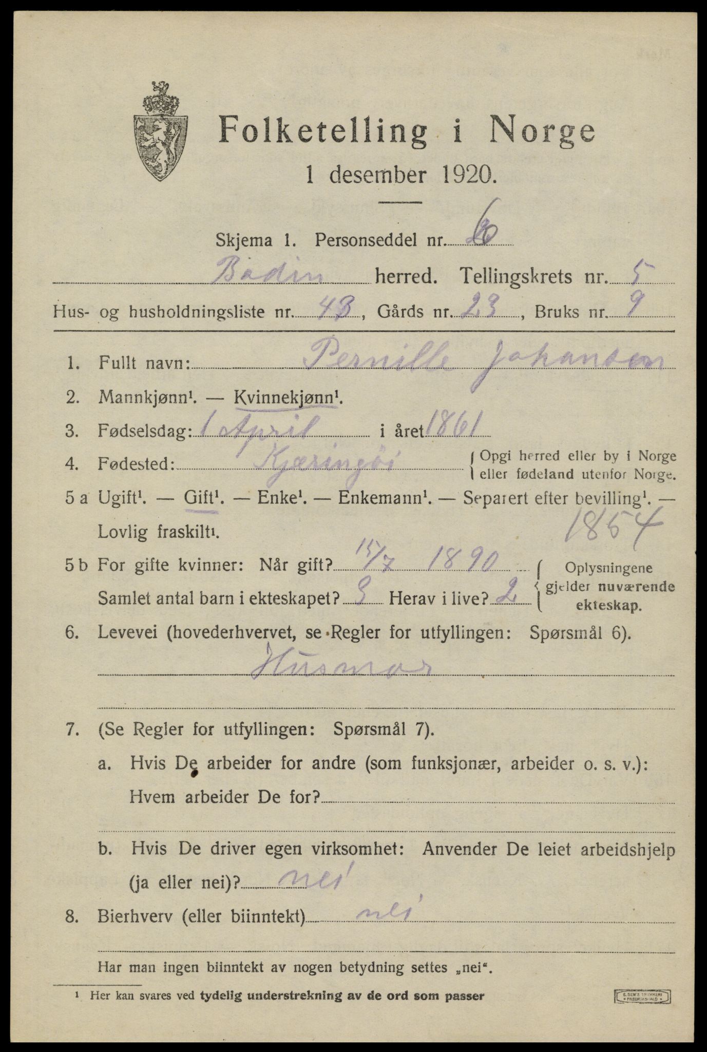 SAT, 1920 census for Bodin, 1920, p. 3436