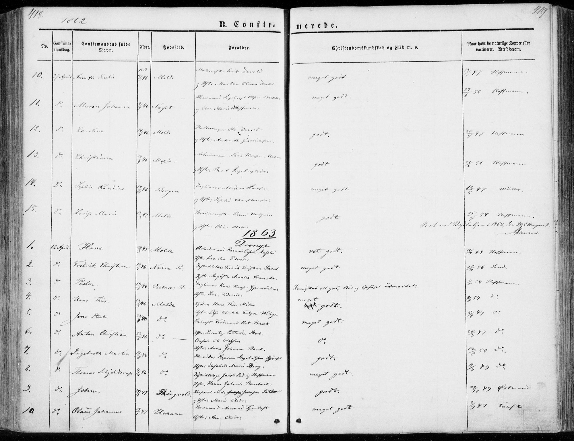 Ministerialprotokoller, klokkerbøker og fødselsregistre - Møre og Romsdal, SAT/A-1454/558/L0689: Parish register (official) no. 558A03, 1843-1872, p. 418-419