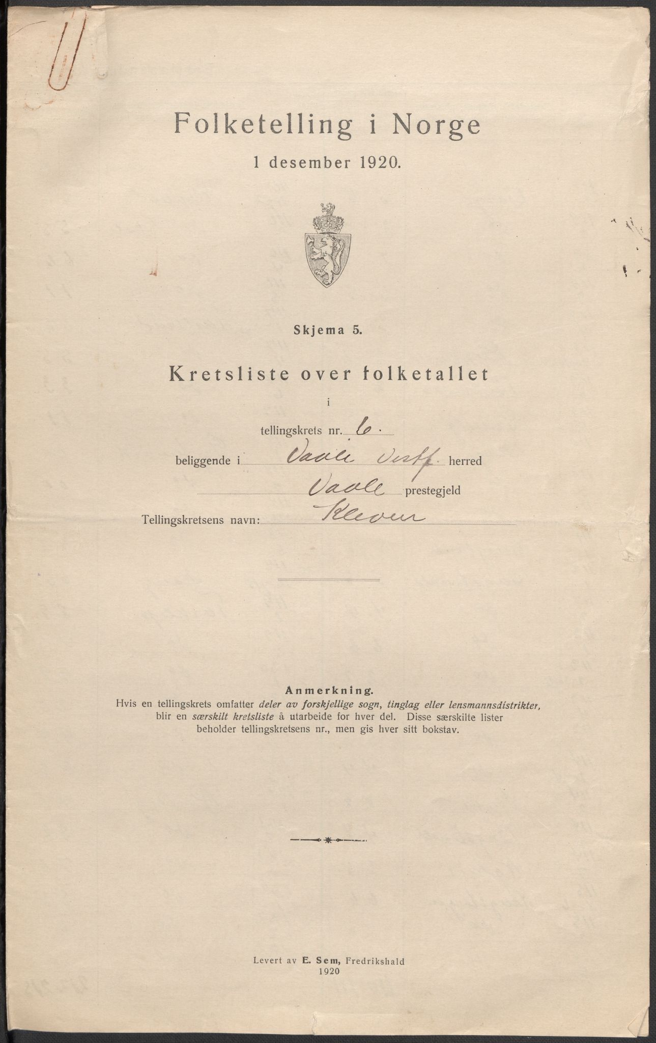 SAKO, 1920 census for Våle, 1920, p. 30