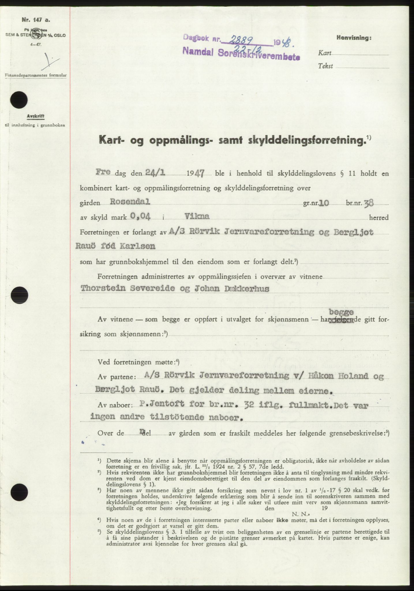 Namdal sorenskriveri, AV/SAT-A-4133/1/2/2C: Mortgage book no. -, 1948-1948, Diary no: : 2889/1948