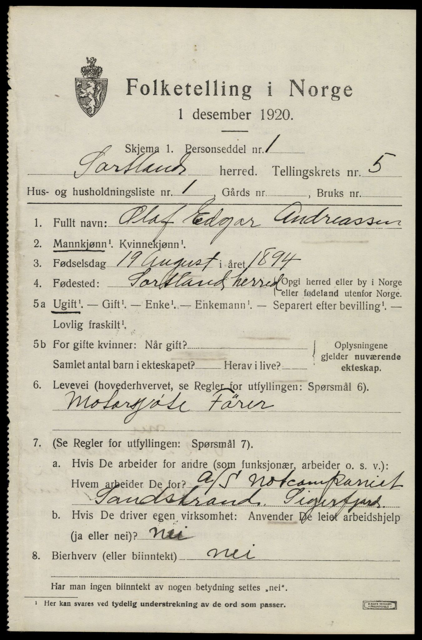 SAT, 1920 census for Sortland, 1920, p. 5472