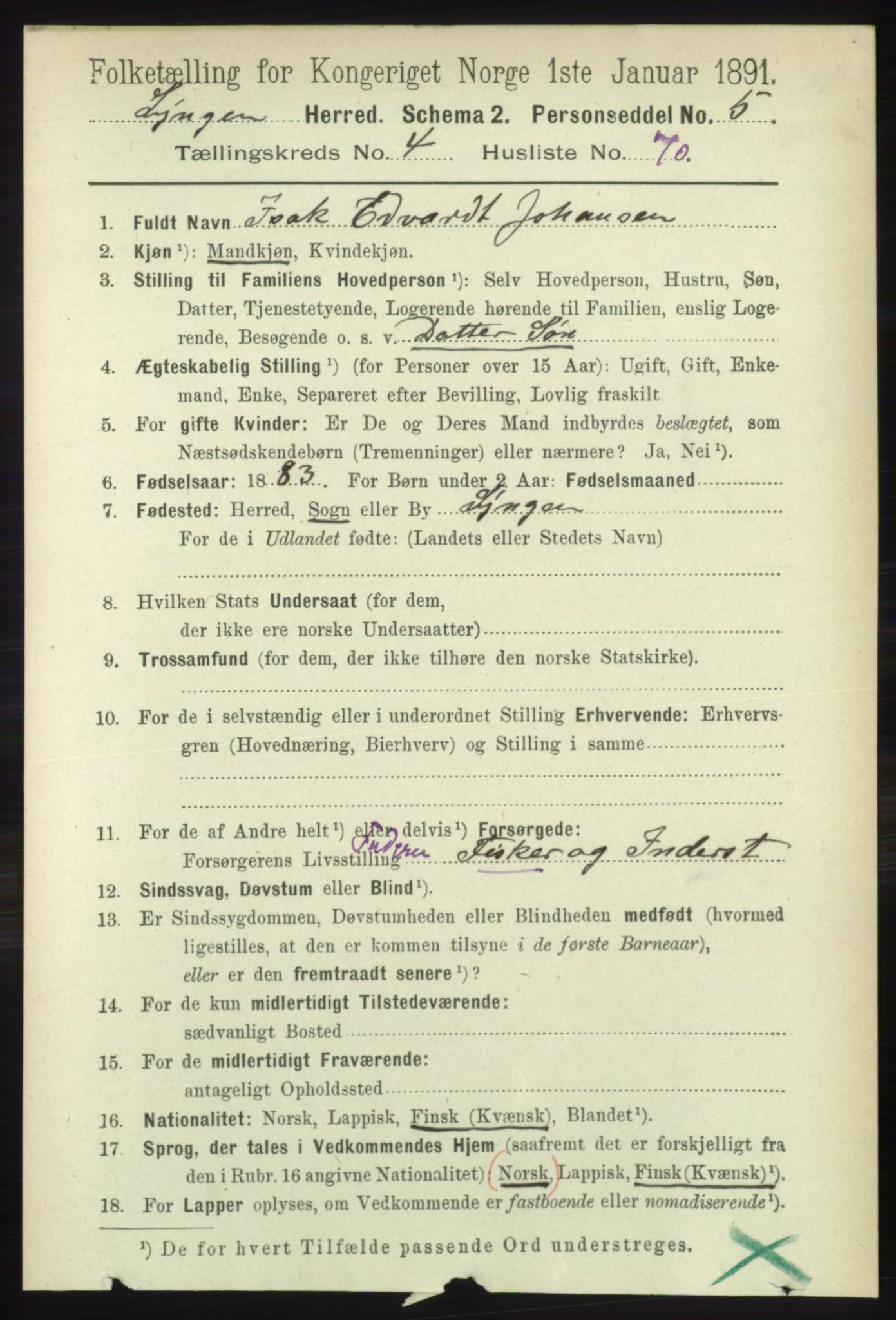 RA, 1891 census for 1938 Lyngen, 1891, p. 4254