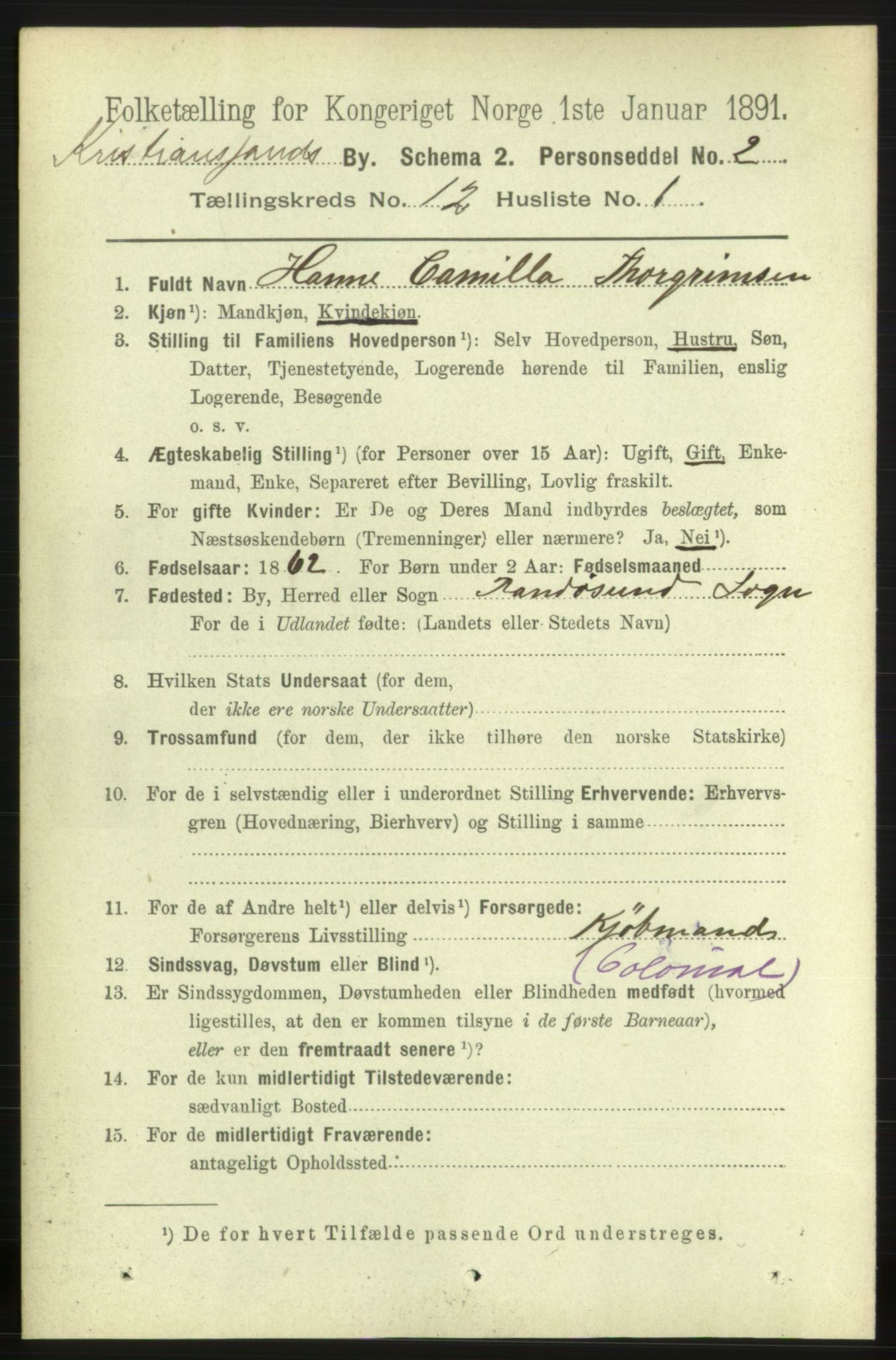 RA, 1891 census for 1001 Kristiansand, 1891, p. 6003