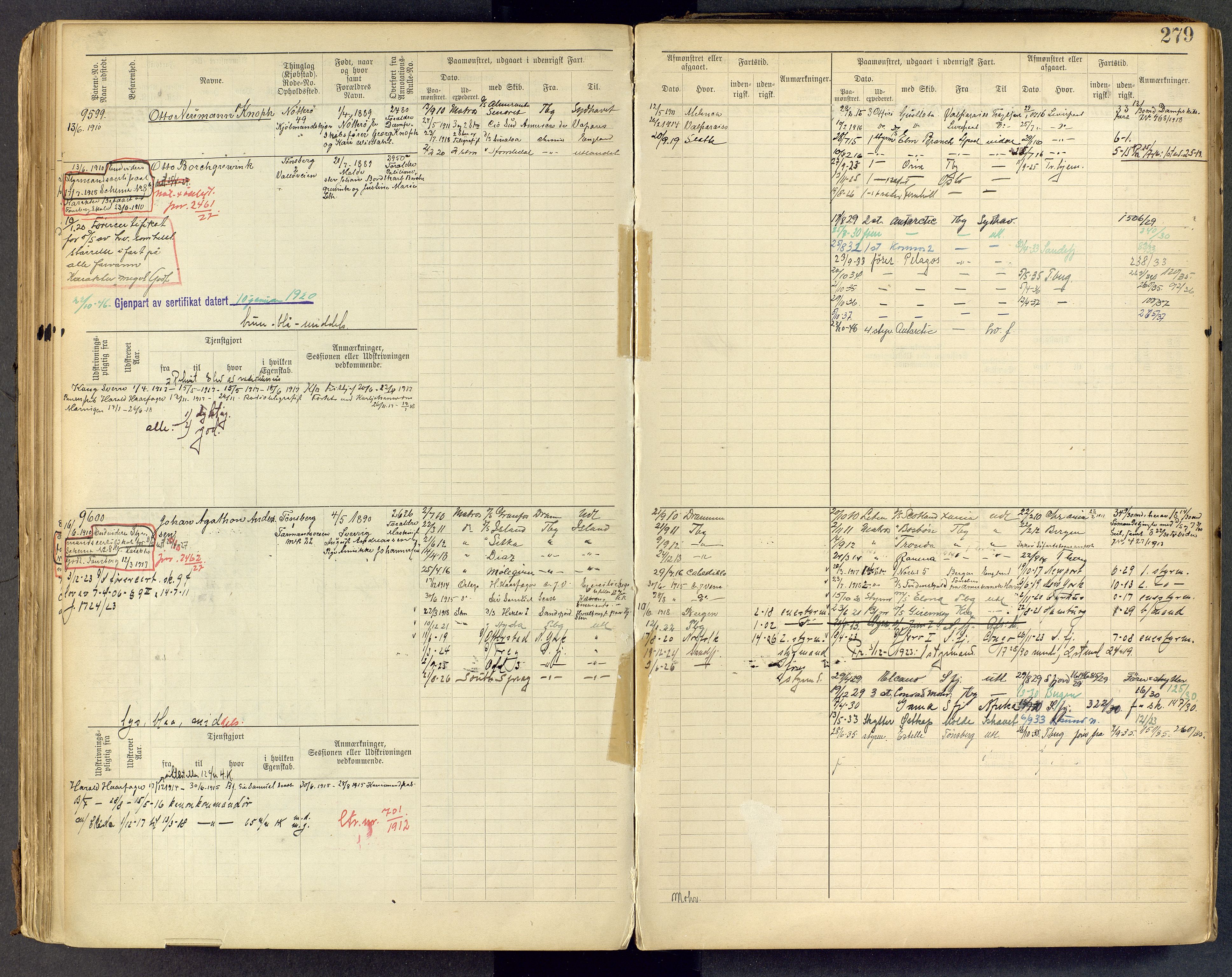 Tønsberg innrulleringskontor, AV/SAKO-A-786/F/Fc/Fcb/L0009: Hovedrulle Patent nr. 9043-9992, 1900-1921, p. 279