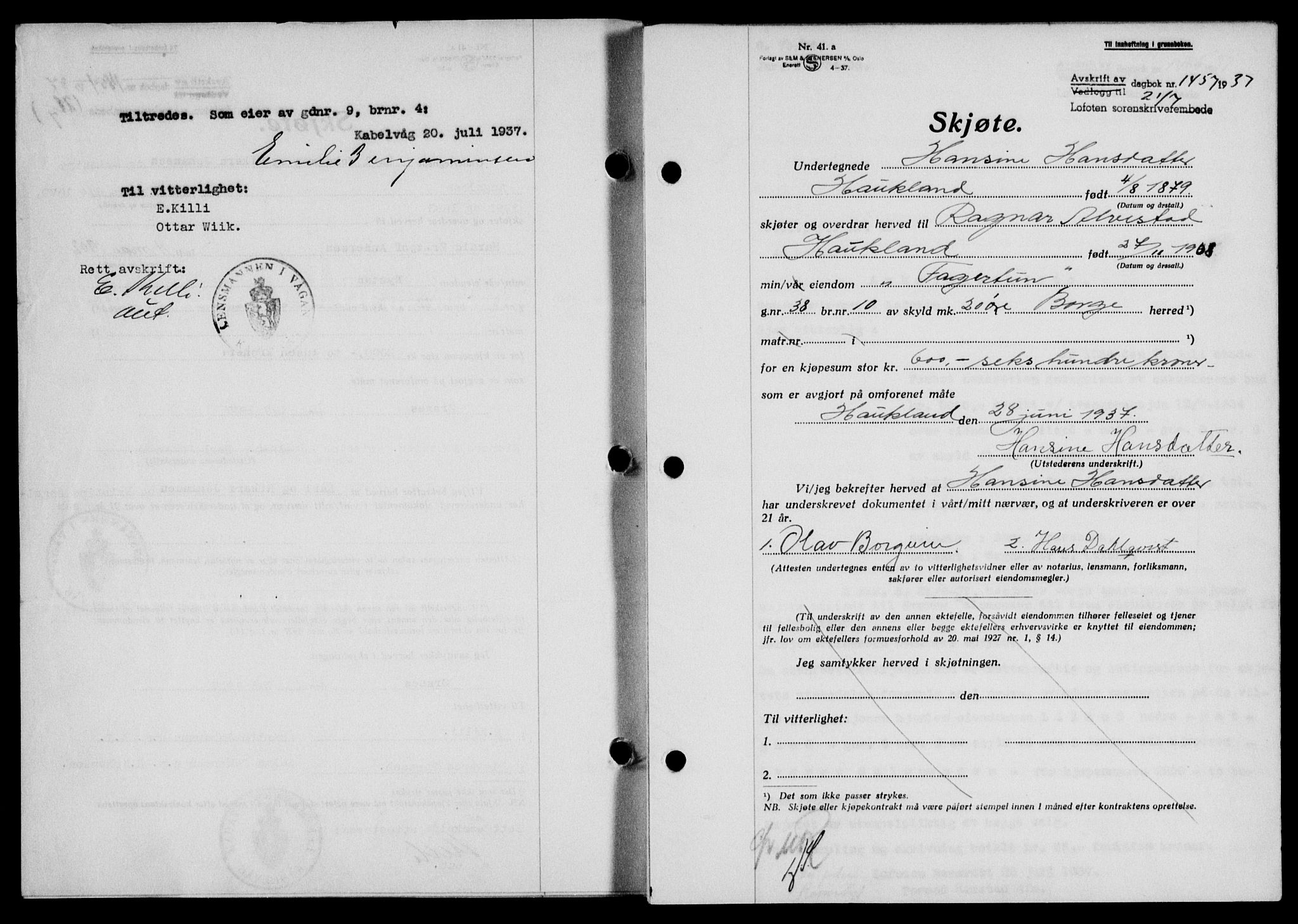 Lofoten sorenskriveri, SAT/A-0017/1/2/2C/L0002a: Mortgage book no. 2a, 1937-1937, Diary no: : 1457/1937