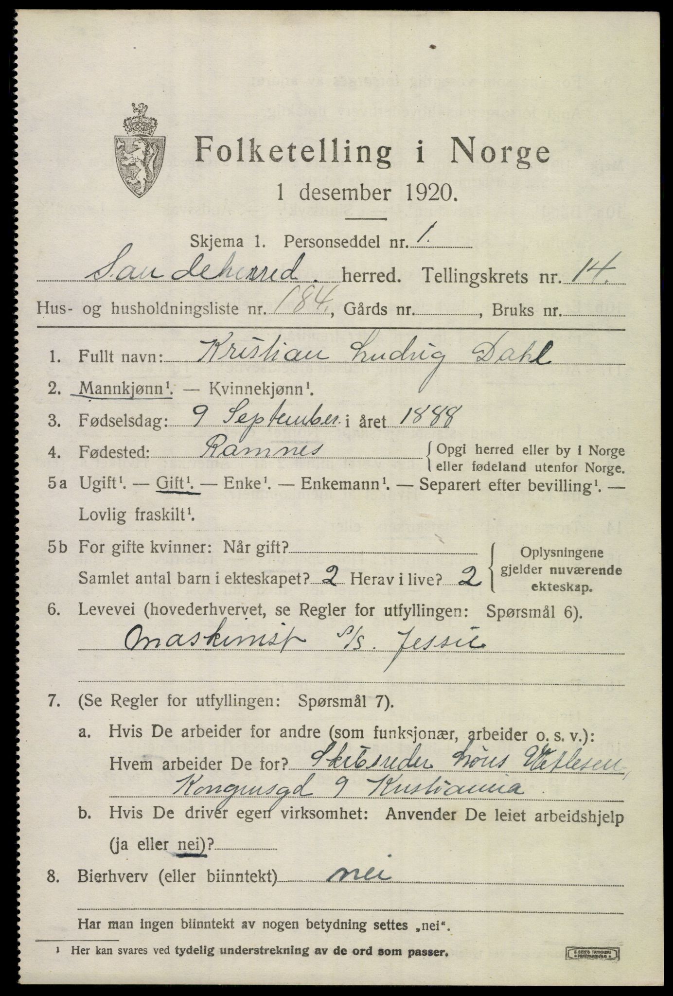 SAKO, 1920 census for Sandeherred, 1920, p. 22914