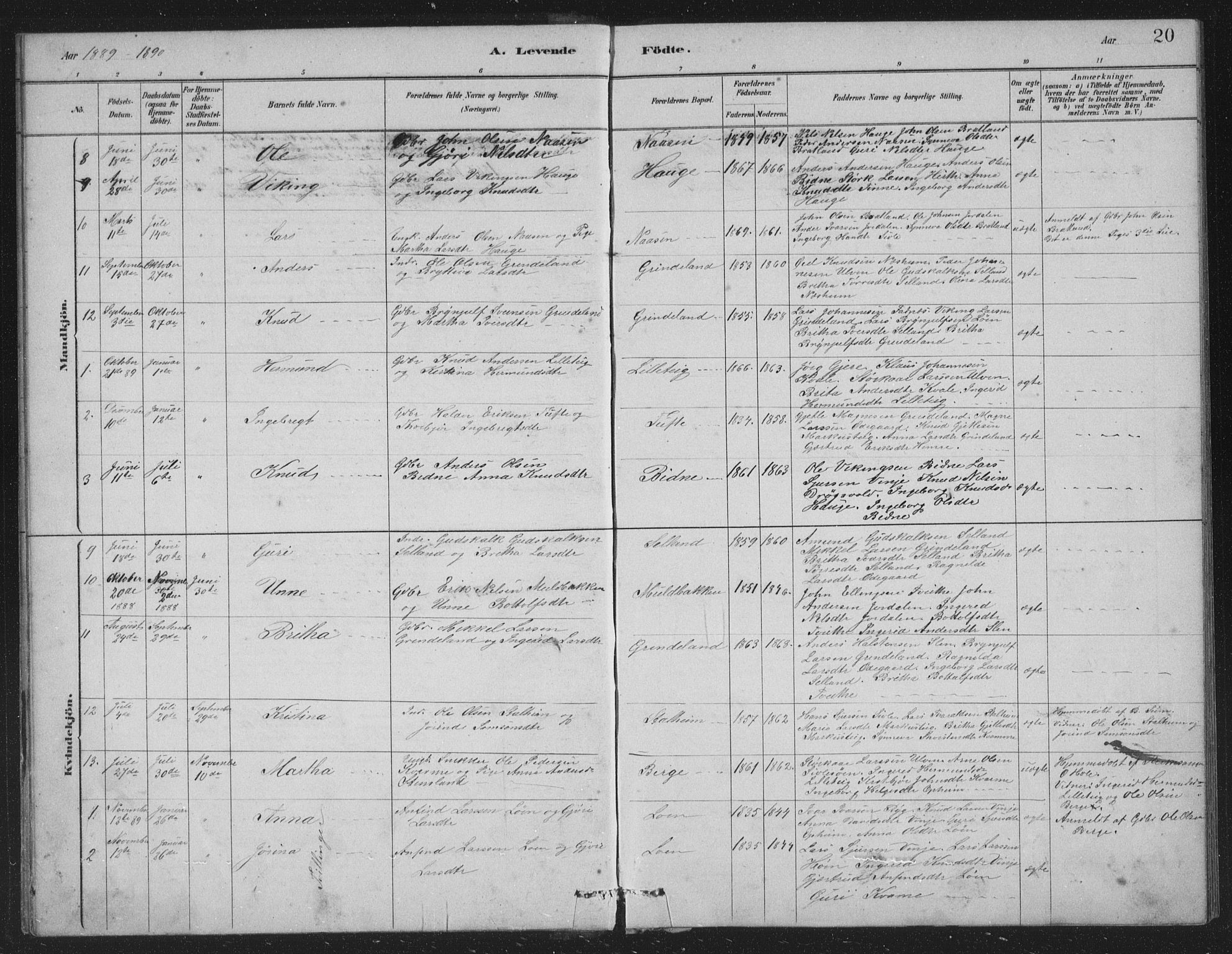 Vossestrand Sokneprestembete, SAB/A-79101/H/Hab: Parish register (copy) no. A 2, 1880-1902, p. 20