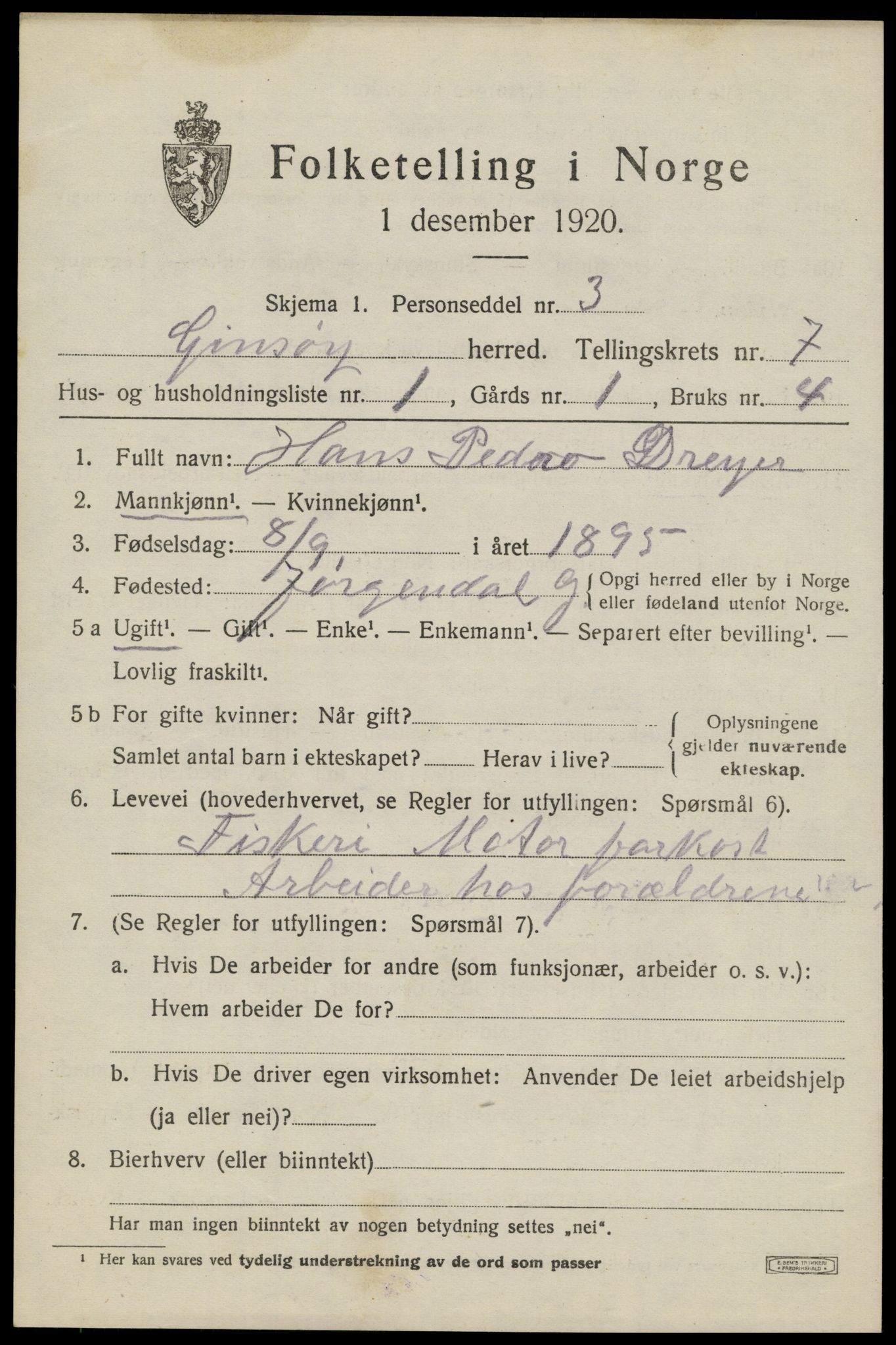 SAT, 1920 census for Gimsøy, 1920, p. 3087