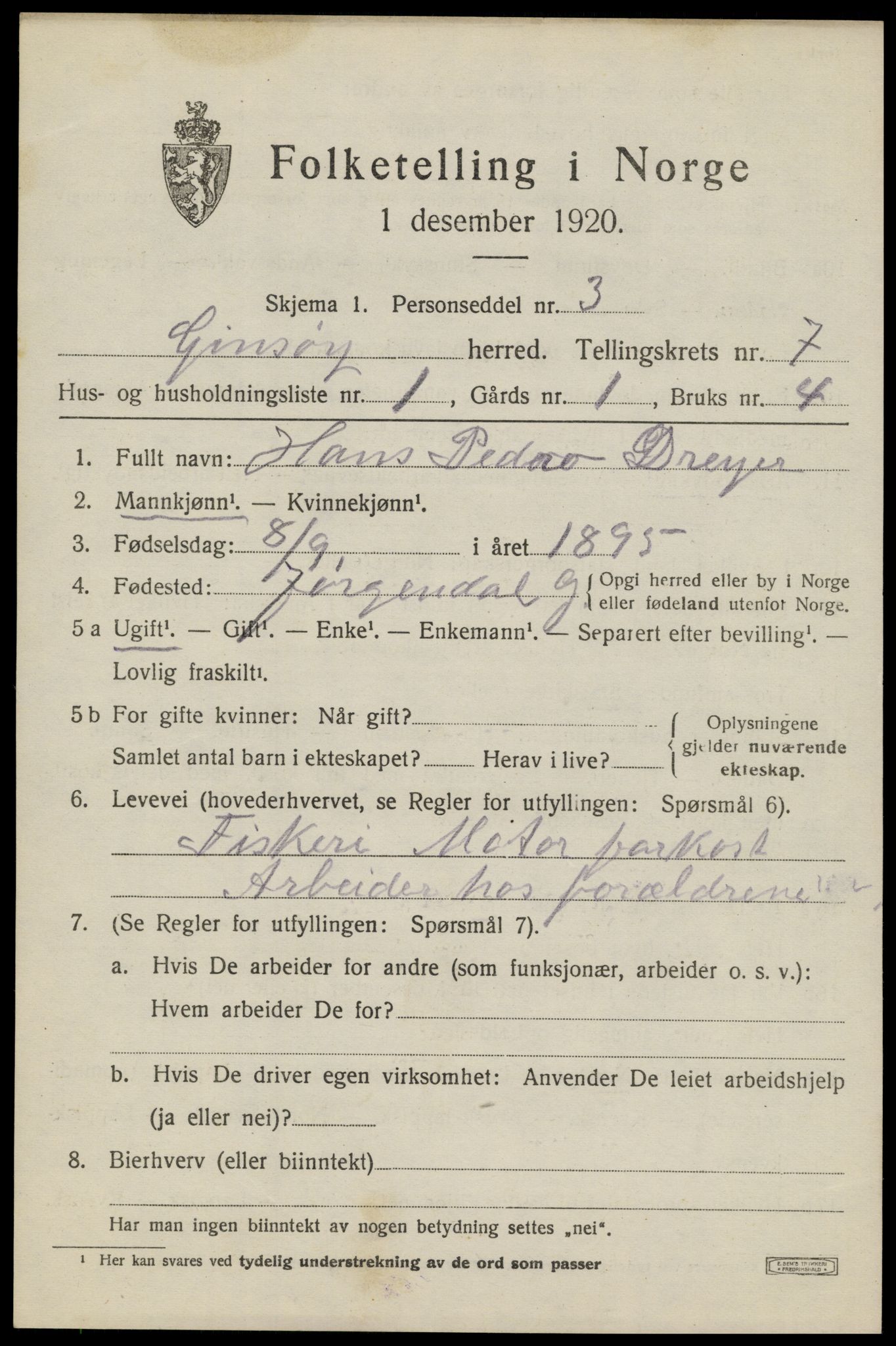 SAT, 1920 census for Gimsøy, 1920, p. 3087