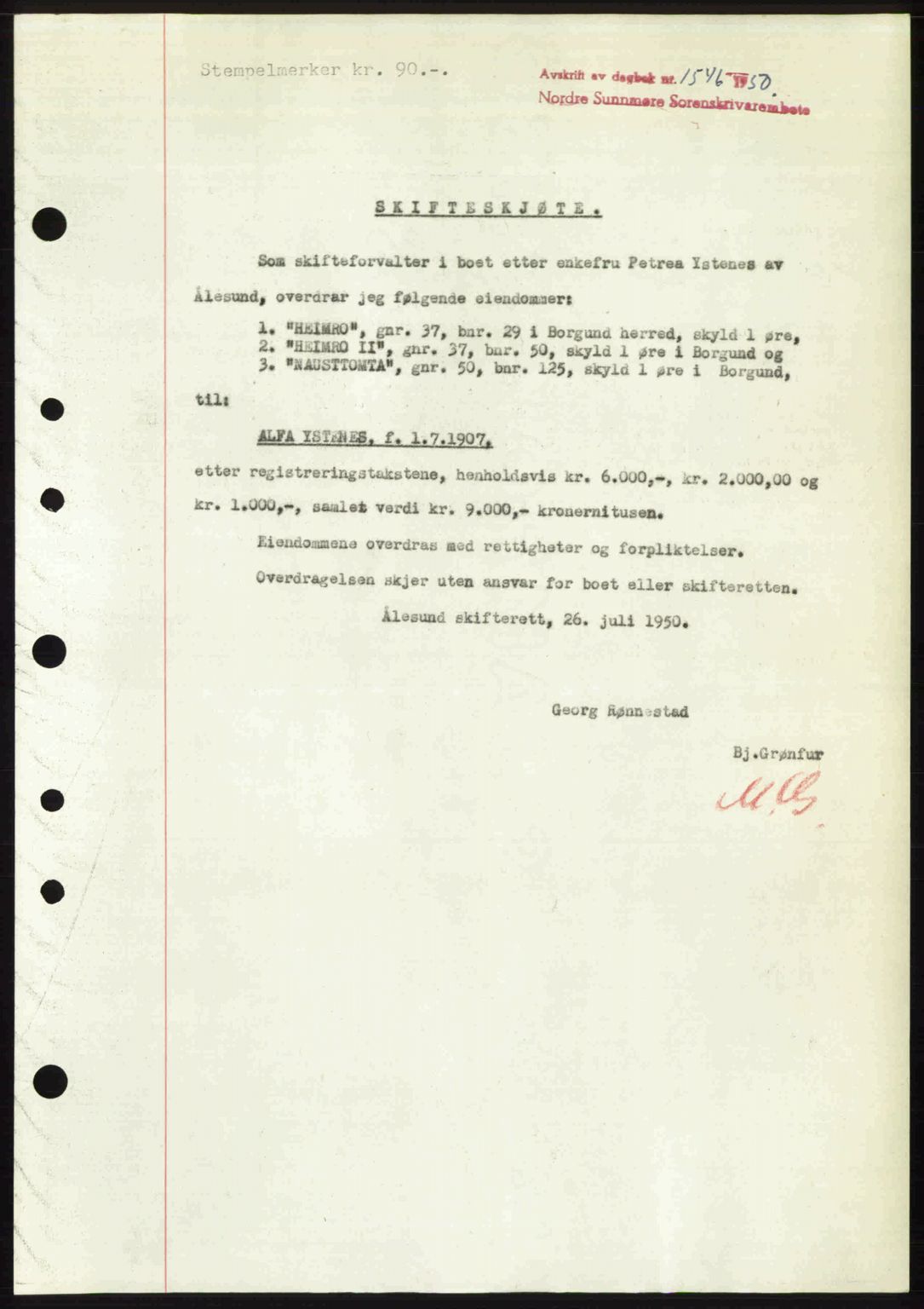 Nordre Sunnmøre sorenskriveri, SAT/A-0006/1/2/2C/2Ca: Mortgage book no. A35, 1950-1950, Diary no: : 1546/1950