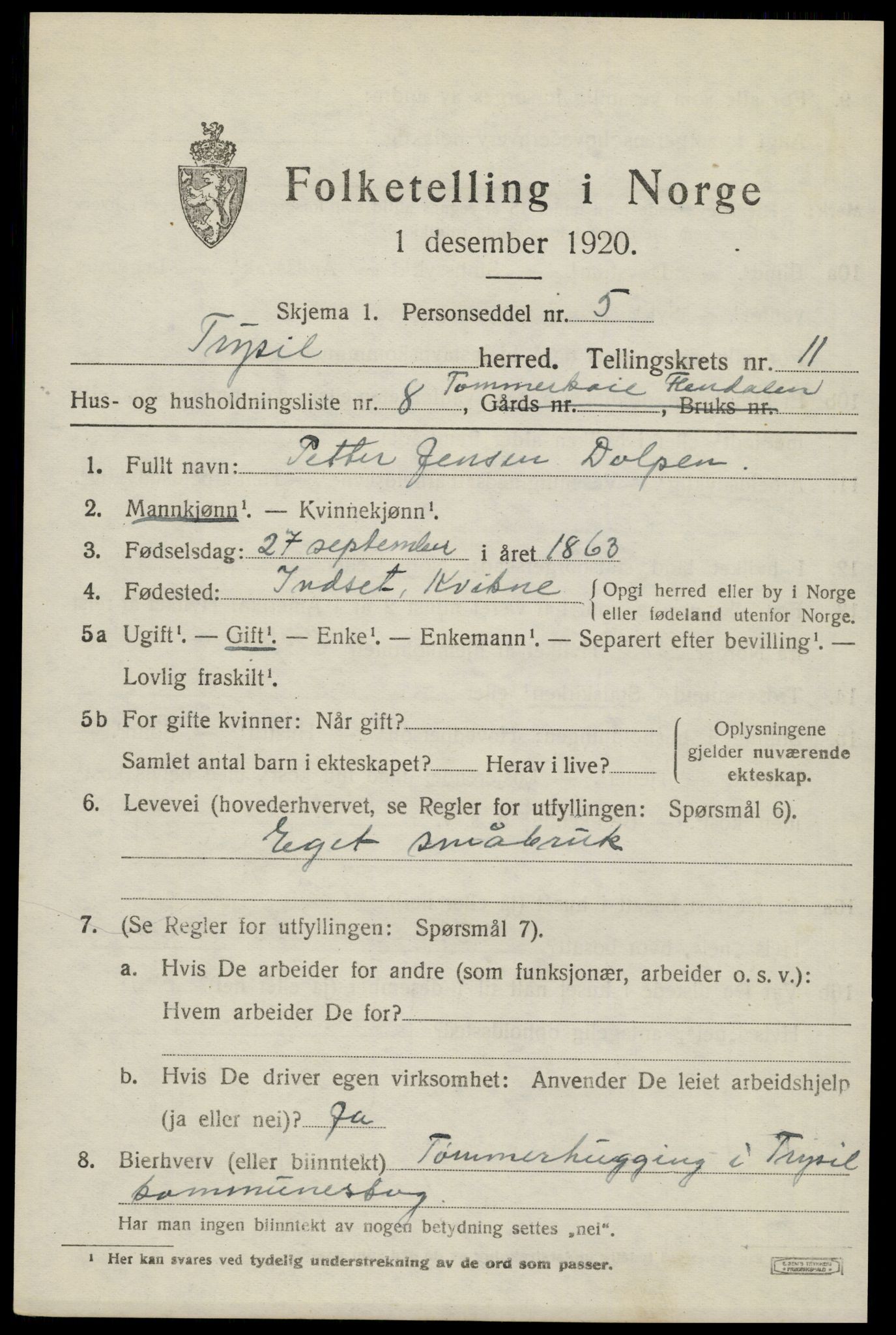 SAH, 1920 census for Trysil, 1920, p. 7053