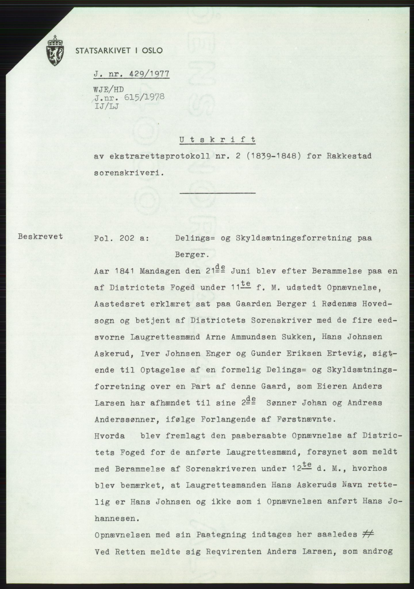 Statsarkivet i Oslo, AV/SAO-A-10621/Z/Zd/L0036: Avskrifter, j.nr 88-2903/1977, 1977, p. 54