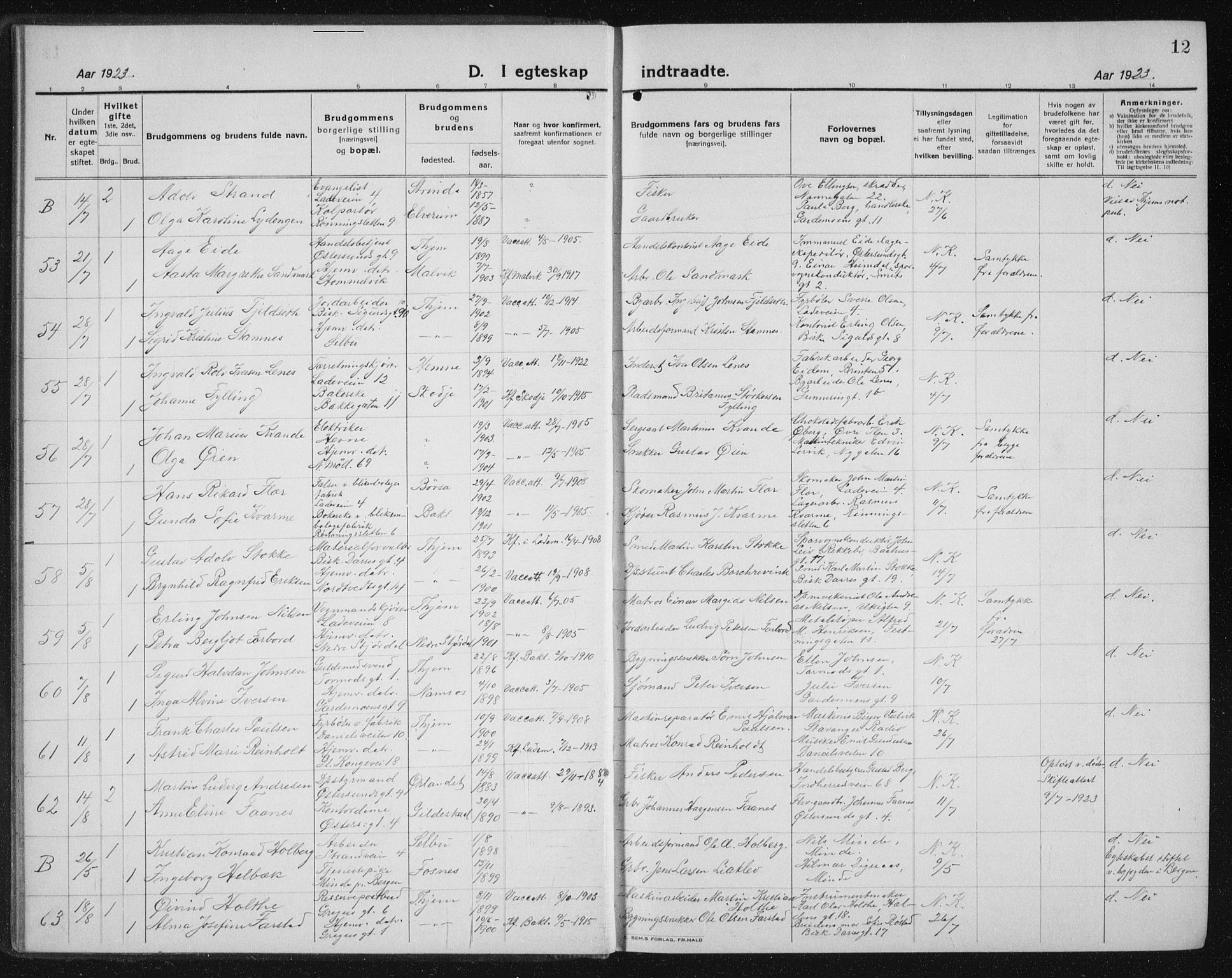 Ministerialprotokoller, klokkerbøker og fødselsregistre - Sør-Trøndelag, AV/SAT-A-1456/605/L0260: Parish register (copy) no. 605C07, 1922-1942, p. 12