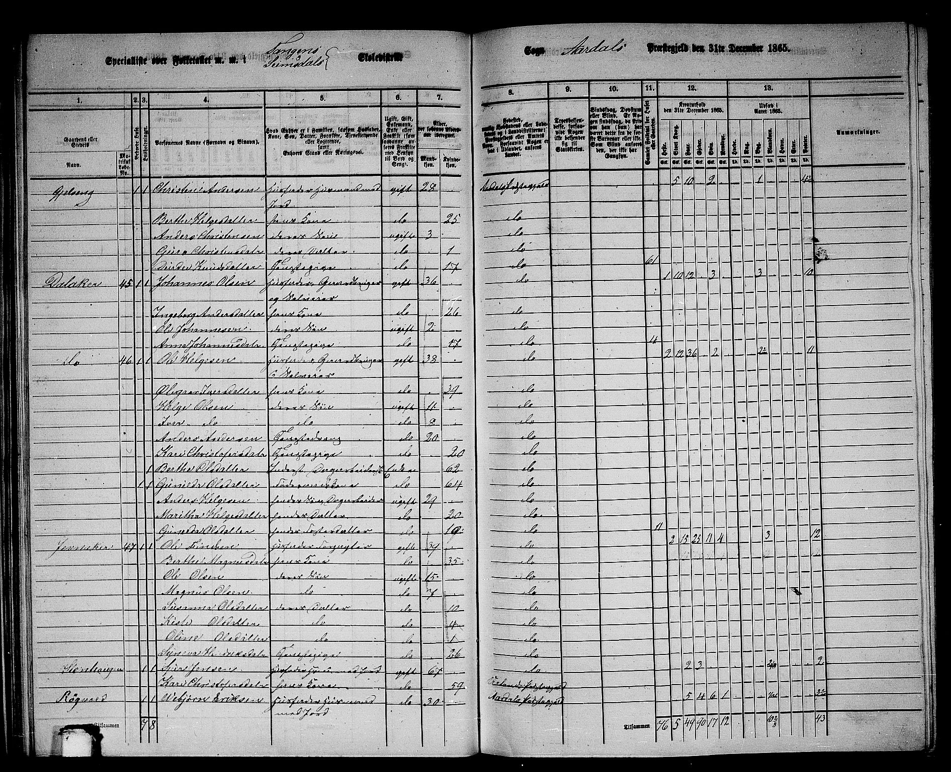 RA, 1865 census for Årdal, 1865, p. 45